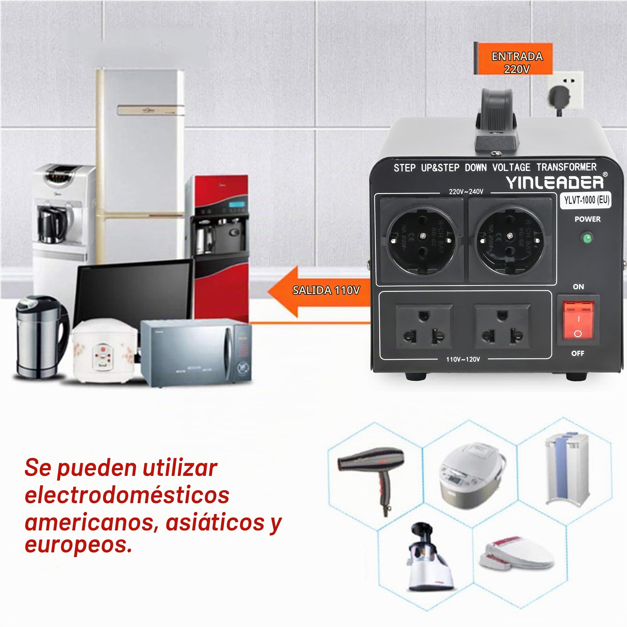 Yinleader 1000W - Transformador Elevador/Reductor de Voltaje de 1000 Vatios EE.UU. - Convertidor de Energía de 220 Voltios - 220V / 110V 1000W Estabilizador de voltaje automático