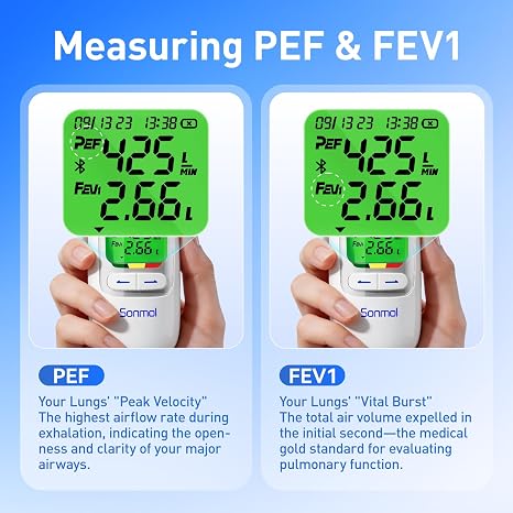 Bluetooth Smart Peak Flow Meter, Portable Digital Lung Function Tester | Track PEF&FEV1, APP auto-sync, 300 record storage, built-in rechargeable battery