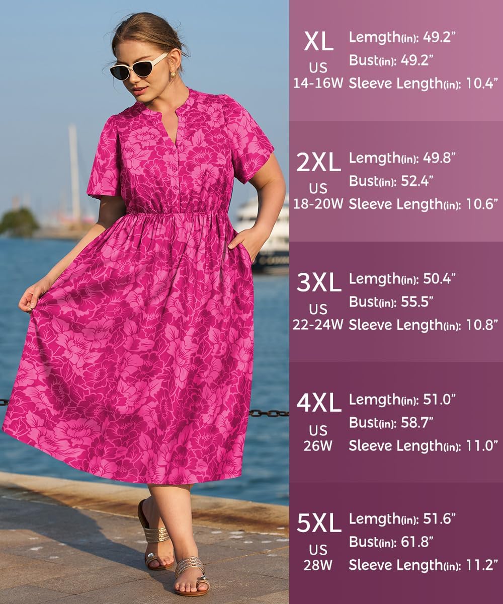 RITERA Plus Size Dresses for Curvy Women Floral V Neck Short Sleeve Party Midi Dress with Pockets XL-5XL - Image 5