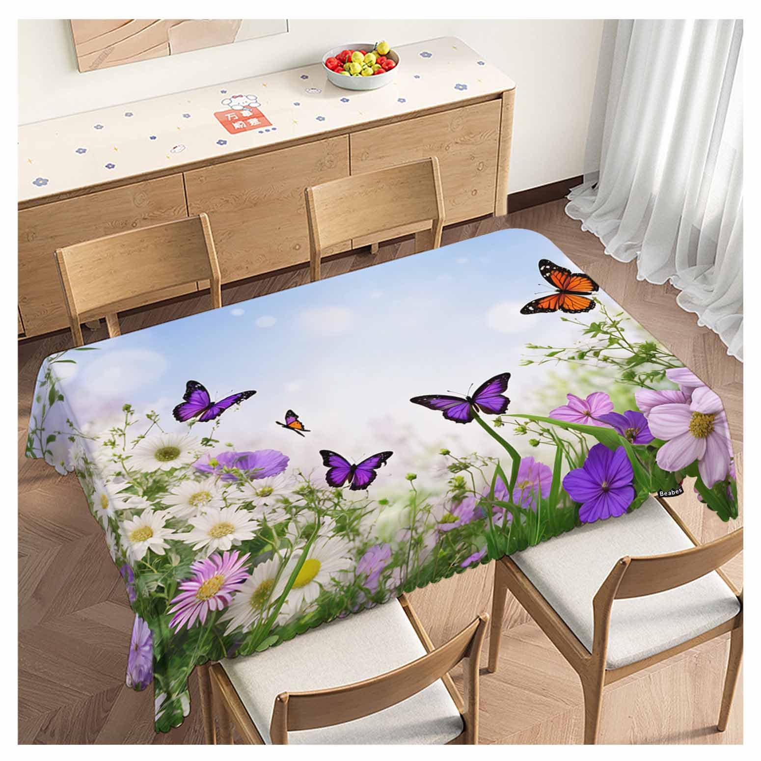 Nappe de Table Rectangulaire Imprimé Fleur Marguerite Papillons Lavable 137x183