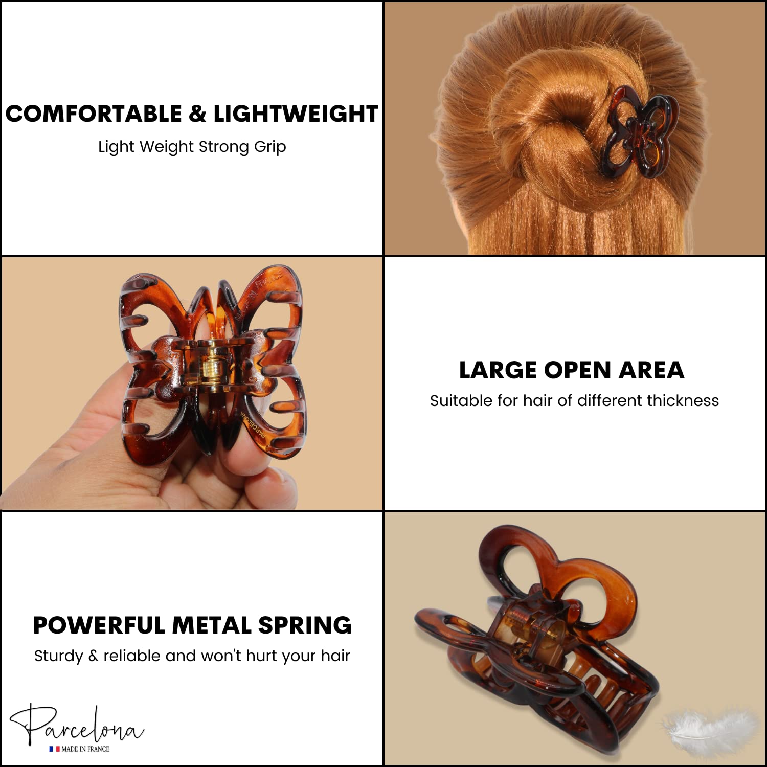 Parcelona French Butterfly Small 2" Tortoise Shell Brown Celluloid Claw Clip with Tight Spring Girls Hair Jaw Claw Clips Durable Styling Women Hair Accessories, Made in France - Image 4