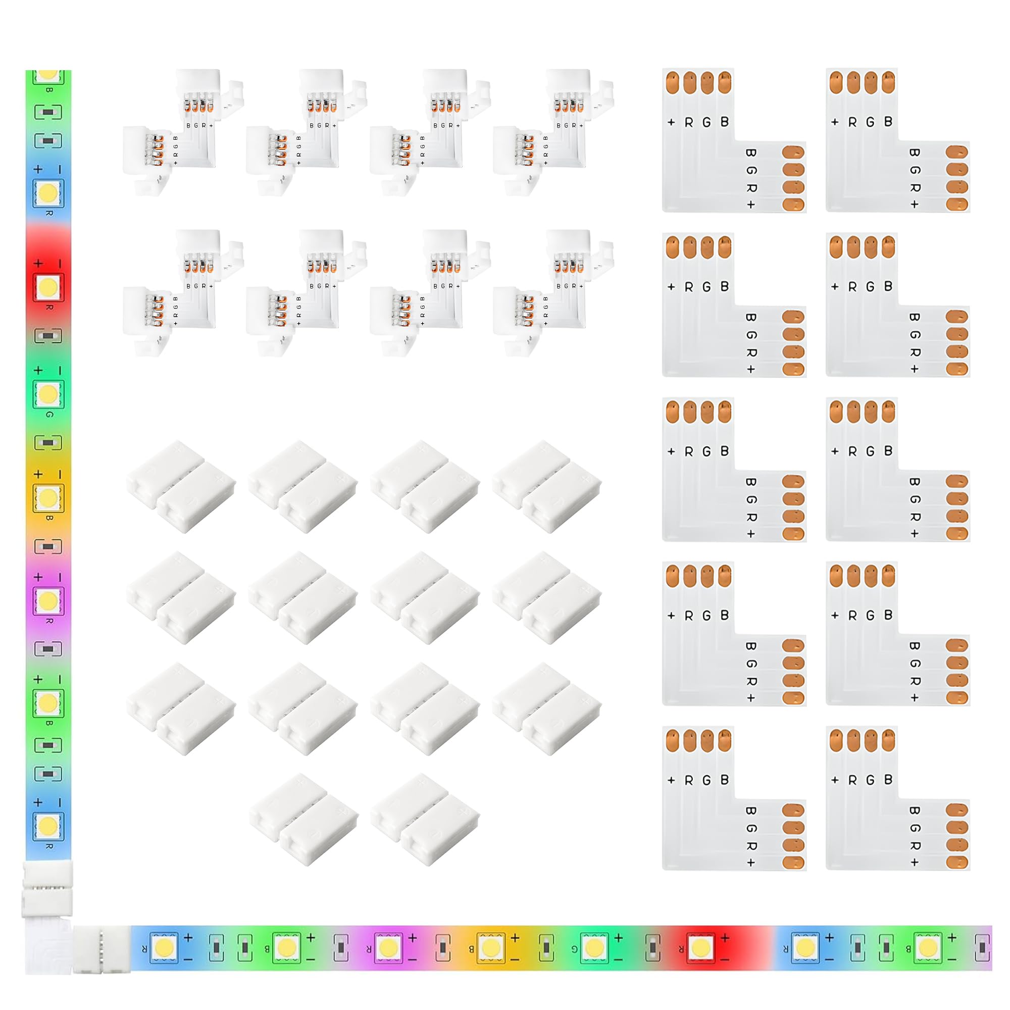 JACKYLED 20Packs L Shape 4-Pin LED Connectors with 22Pcs Clips 10mm for Strip Lights - 10mm 4pin