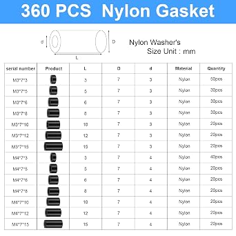 360 Pcs Nylon Plastic Spacers Black Nylon BS Round Spacer Washer Kit