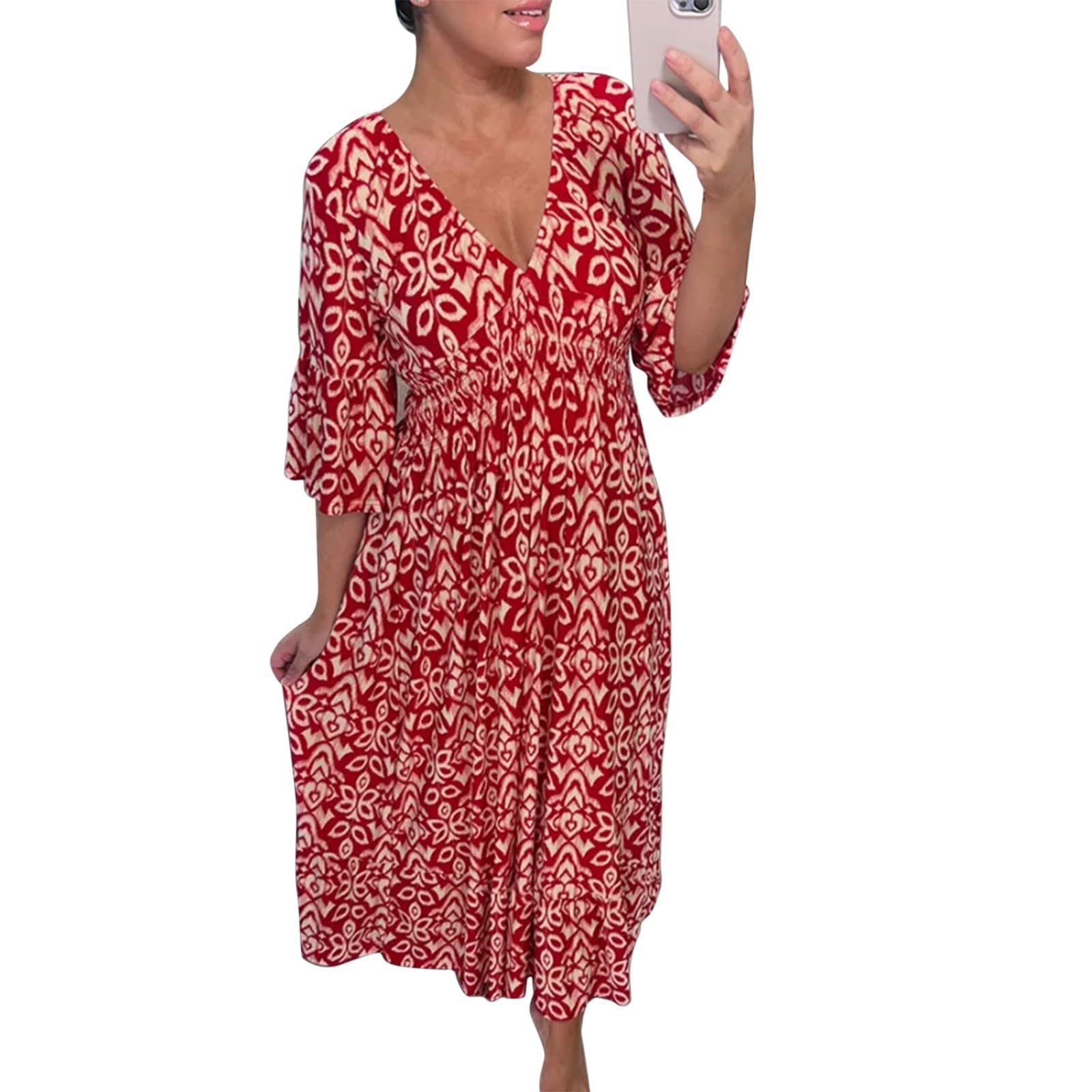 Women 2024 Summer Casual Dresses Boho Wrap V Neck Ruffle 3/4 Sleeve Beach Cocktail Flowy Pleated A-Line Maxi Dress(Xb Red,XXL)