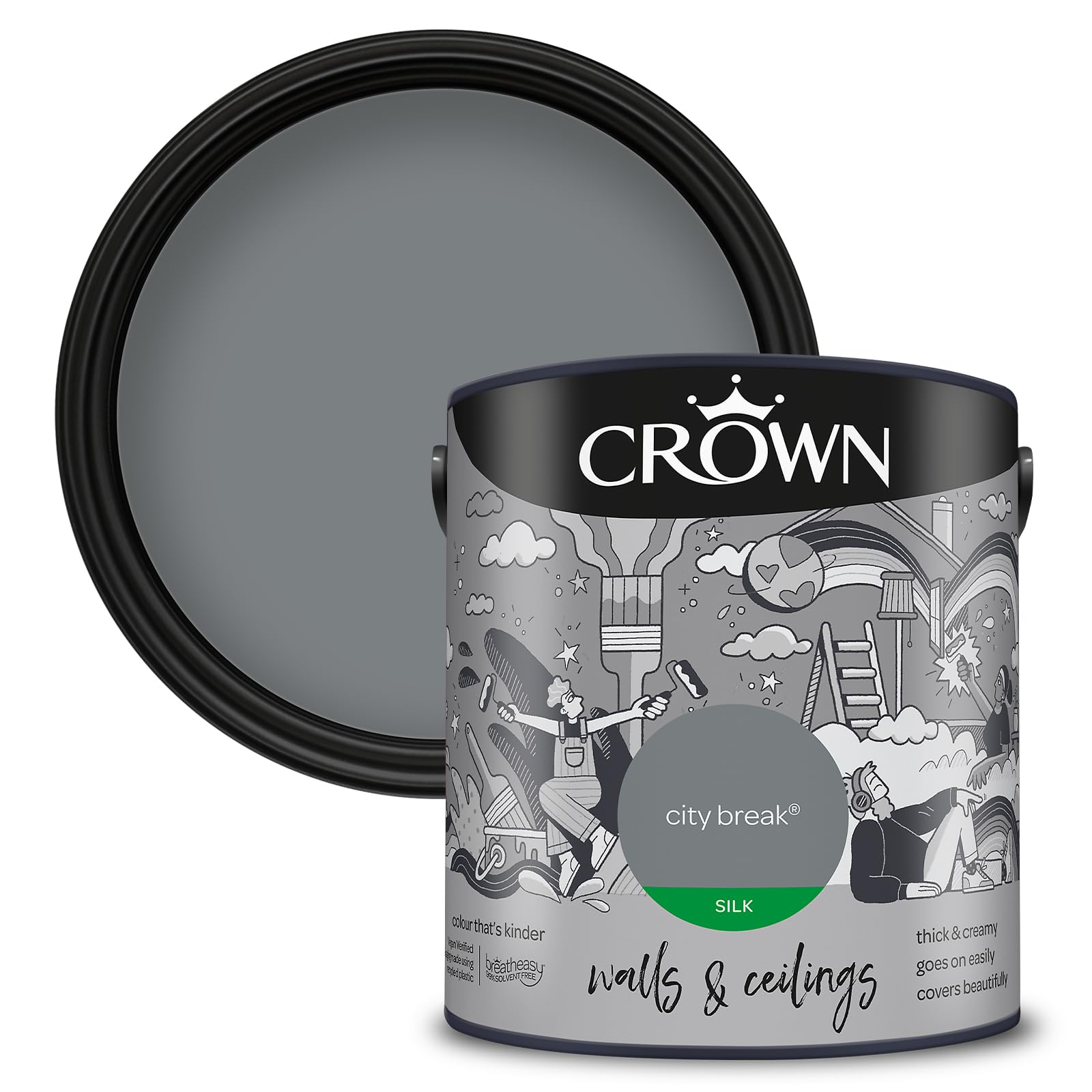 Crown Wall & Ceilings City Break Silk Emulsion Paint - Grey - 2.5L