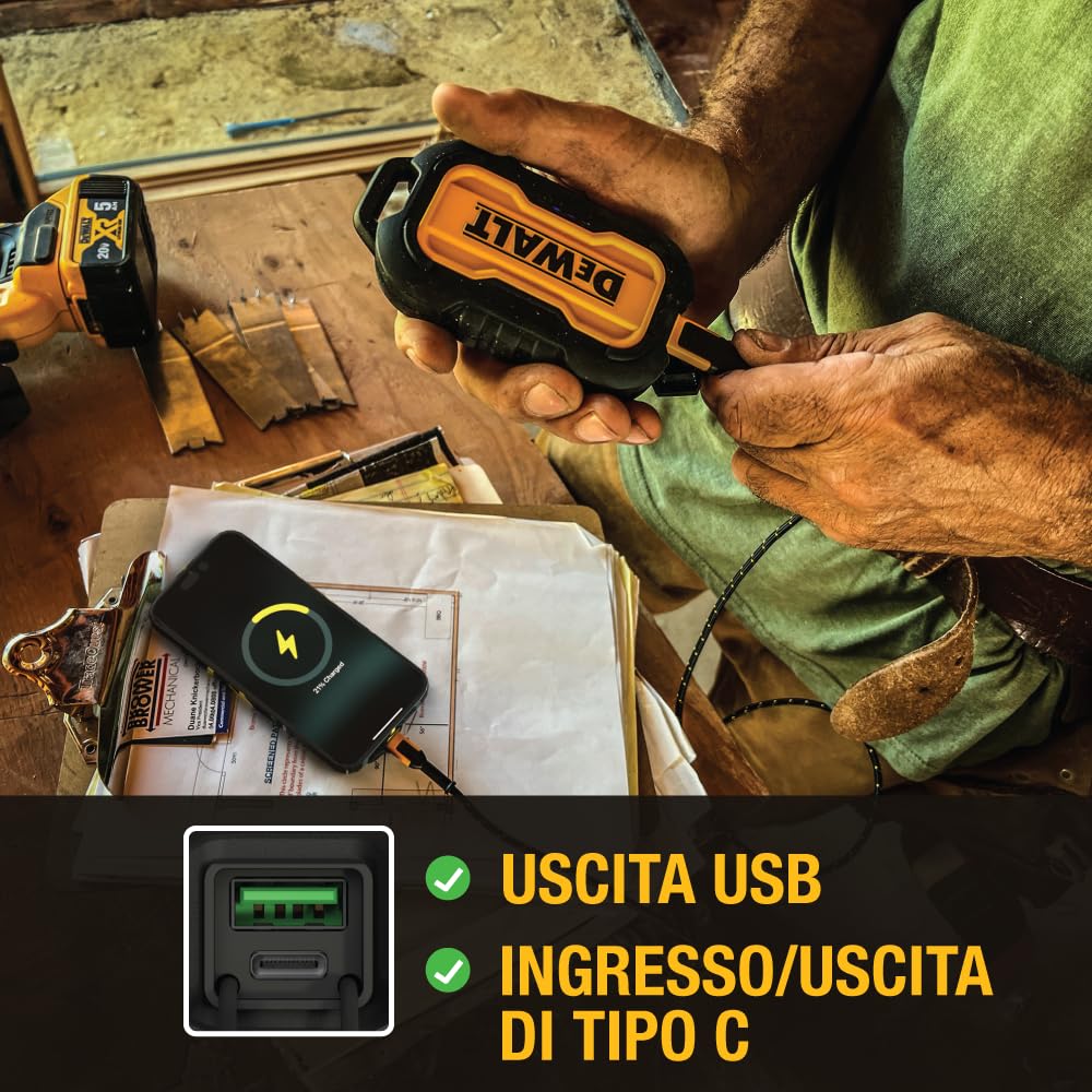 DEWALT Caricabatterie portatile DEWALT, Power Bank, batteria da 10.000 mAh con porta USB-C per iPhone 16/16 Plus/16 Pro/16 Pro Max, serie iPhone 15, iPhone 14/13, Samsung Galaxy