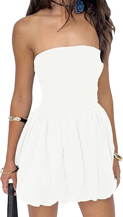 Tube Top Dress for Women Summer Solid Strapless Mini Dresses, Off The Shoudle Ruffle Beach Dress