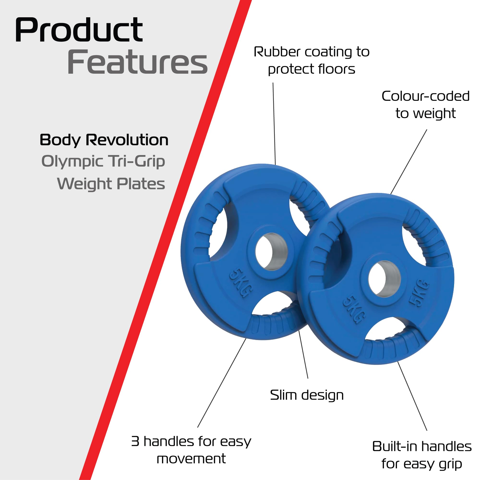 Body Revolution pesas en forma de aros olímpicos con tres agarres de goma, discos de hierro fundido para barras de 50 mm, de 1,25 a 25 kg