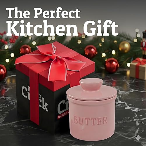 Miniatura 9 de Priority Chef Recipiente para mantequilla con tapa con línea de agua, plato de mantequilla francés de cerámica para dejar en la encimera, rosa