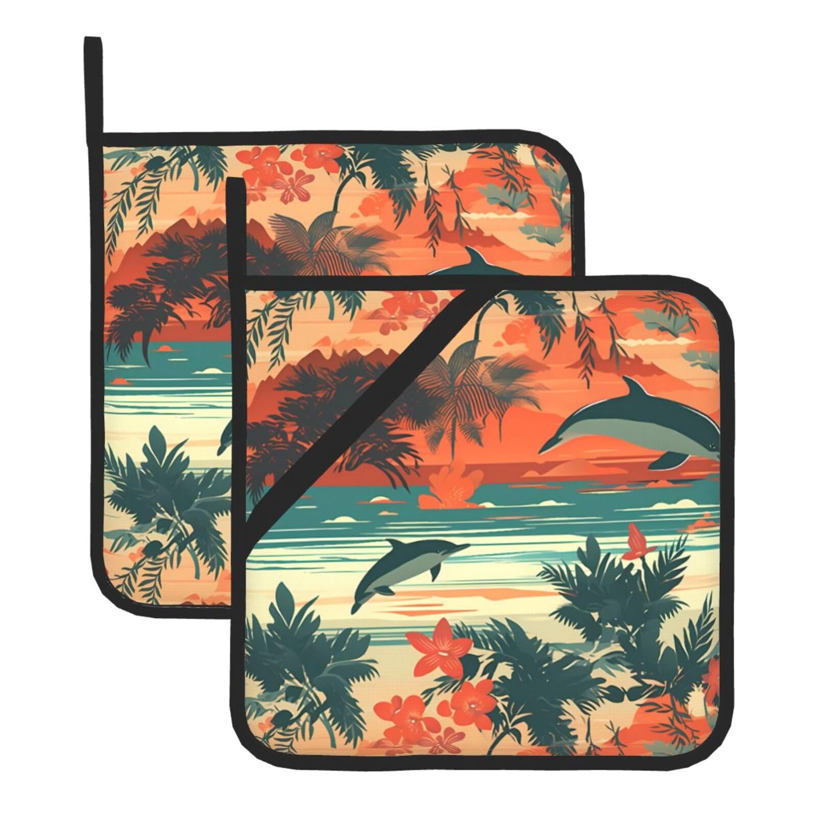 HJFCZH Dolphin At Dusk Printed Square Insulated Pot Mat Set (2-Piece) 8x8in Waterproof, Thickened & Easy to Clean with Lanyard Design for Kitchen, Oven & BBQ