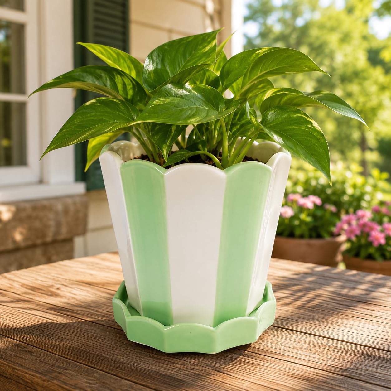 Stripe Planter on Plate – Premium Ceramic Plant Pot, Modern Decorative Flower Pot for Indoor Outdoor Use, Durable Drainage Design, Ideal for Succulents, Herbs & Home Office Decor A123 (Green)