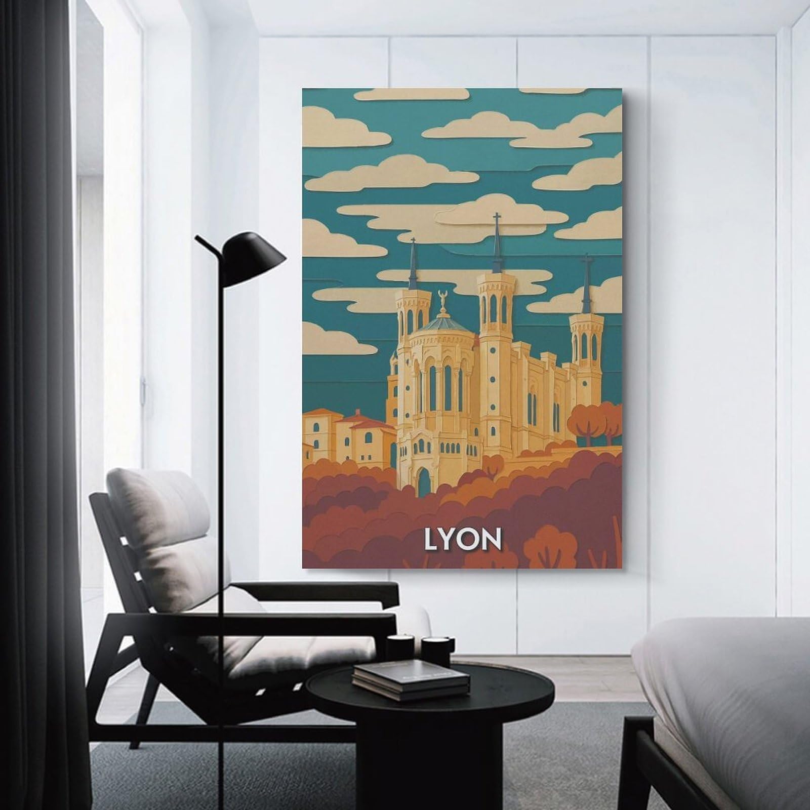 Junmoney Lyon Cityscape Paper Cutout Style Canvas Wall Decor, 20x30inch(50x75cm), for Bedroom, Guest Room Or Reading Nook, Canvas Wall Decor for Personal Spaces