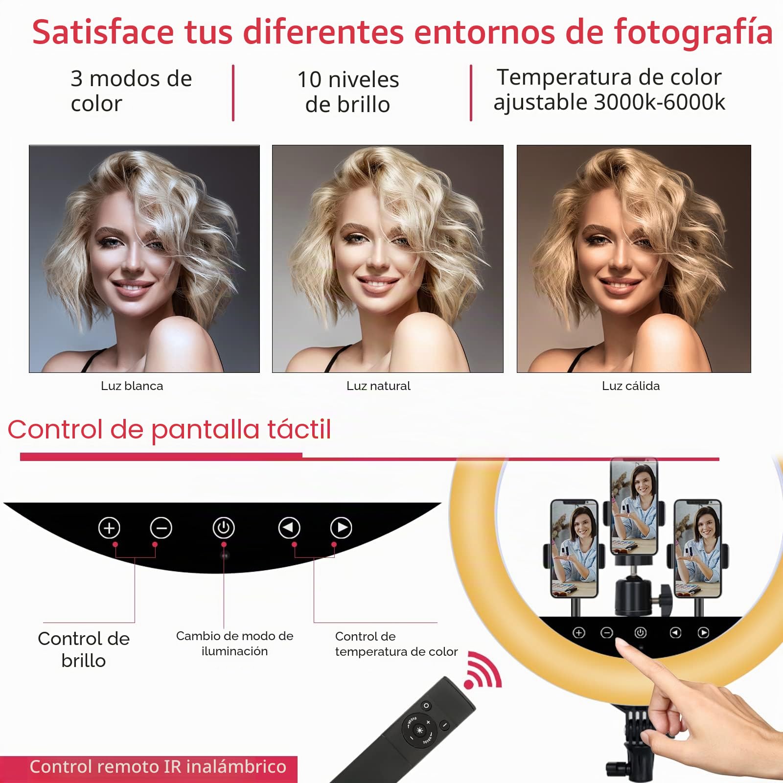 Anillo de luz LED de 18 Pulgadas con Soporte para trípode, Panel táctil Selfie Ring Light para Makeup Studio Youtube Portrait Video con Bolsa de Transporte y Control Remoto, CRI>90