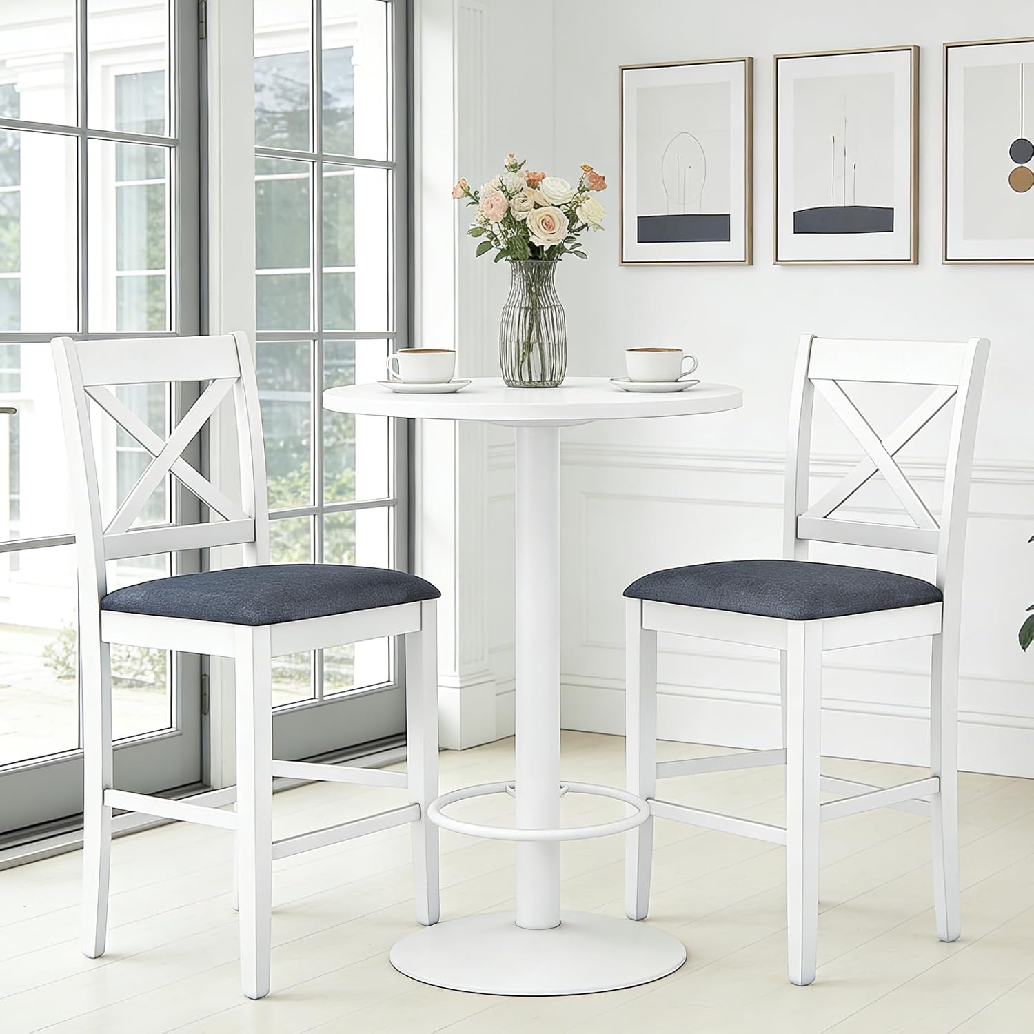 COSTWAY Bar Stools Set of 4, 24'' Counter Height Barstools with Rubber Wood Frame, Footrest, Mid Century Modern Kitchen Island Chairs for Home Bar Cafe (White)