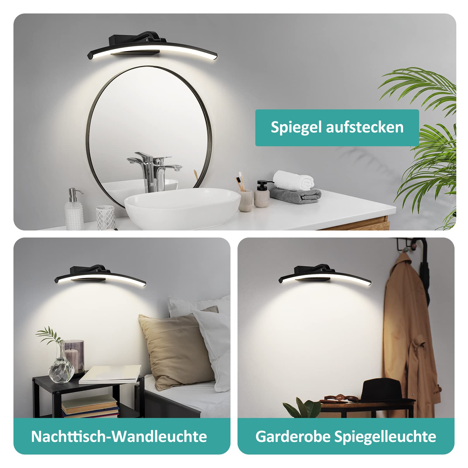 EMKE LED Spiegelleuchte Spiegellampen für das bad spiegelleuchte badezimmer 40cm, 180° drehbar spiegelleuchte led BadSpiegelschrank Beleuchtung 4000K, einfache Installation Schrankleuchte(Schwarz)