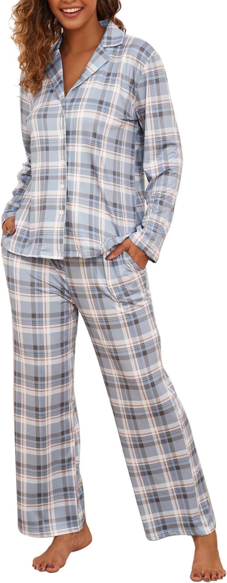 Women Long Sleeve Pajama Set Plaid Loungewear Sets Button up Top and Wide Leg Pants S-XXL