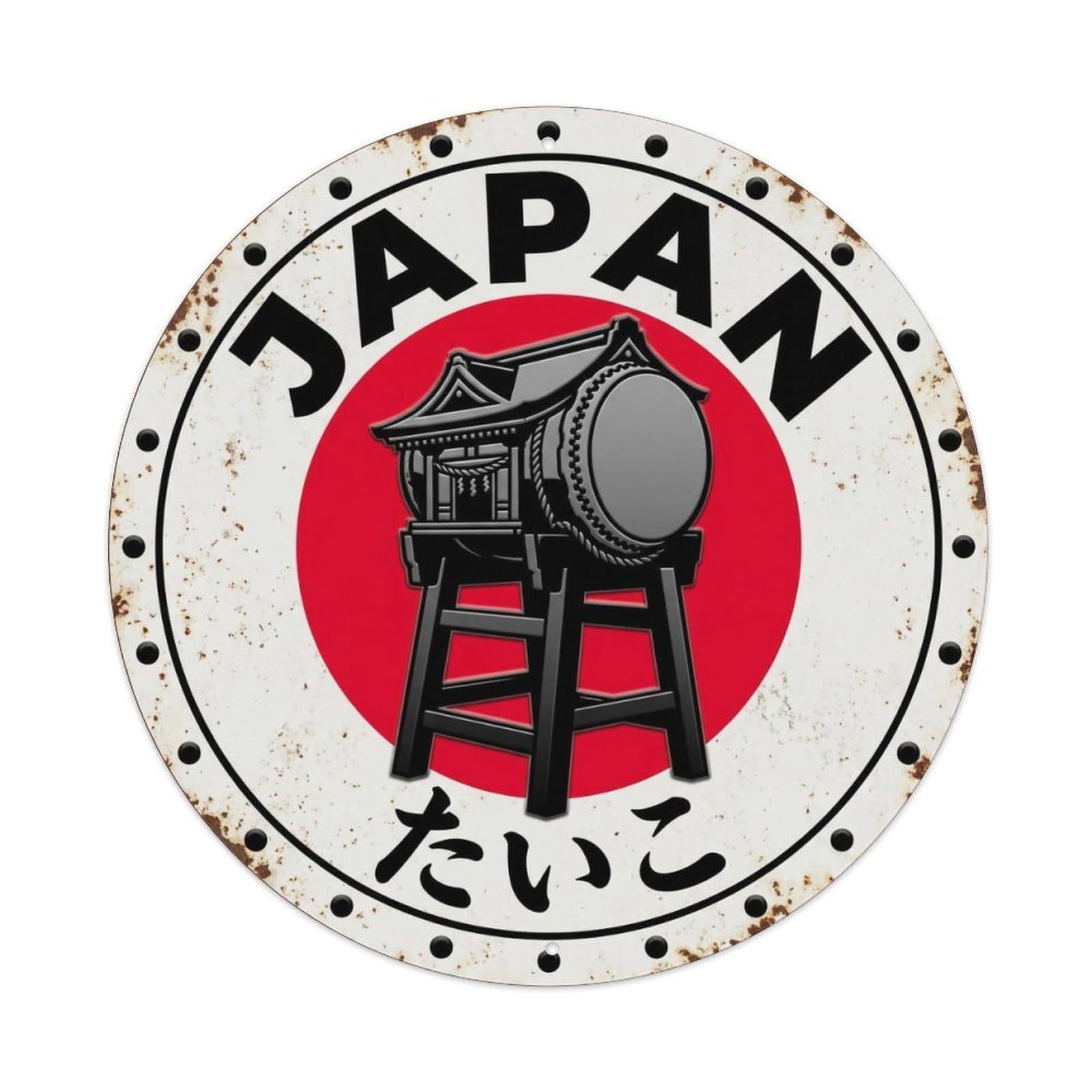 Yrnq 8X8inch Vintage Style Shrine Drum Japan Sacred Taiko Rustic Metal Tin Sign