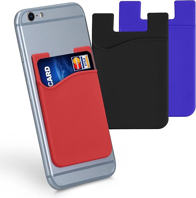 kwmobile Stick-On Card Holder for Phone (Set of 3) - Silicone Wallet Card Holders - Sticks on to Cell Phone Back or Case - Black/Blue/Red