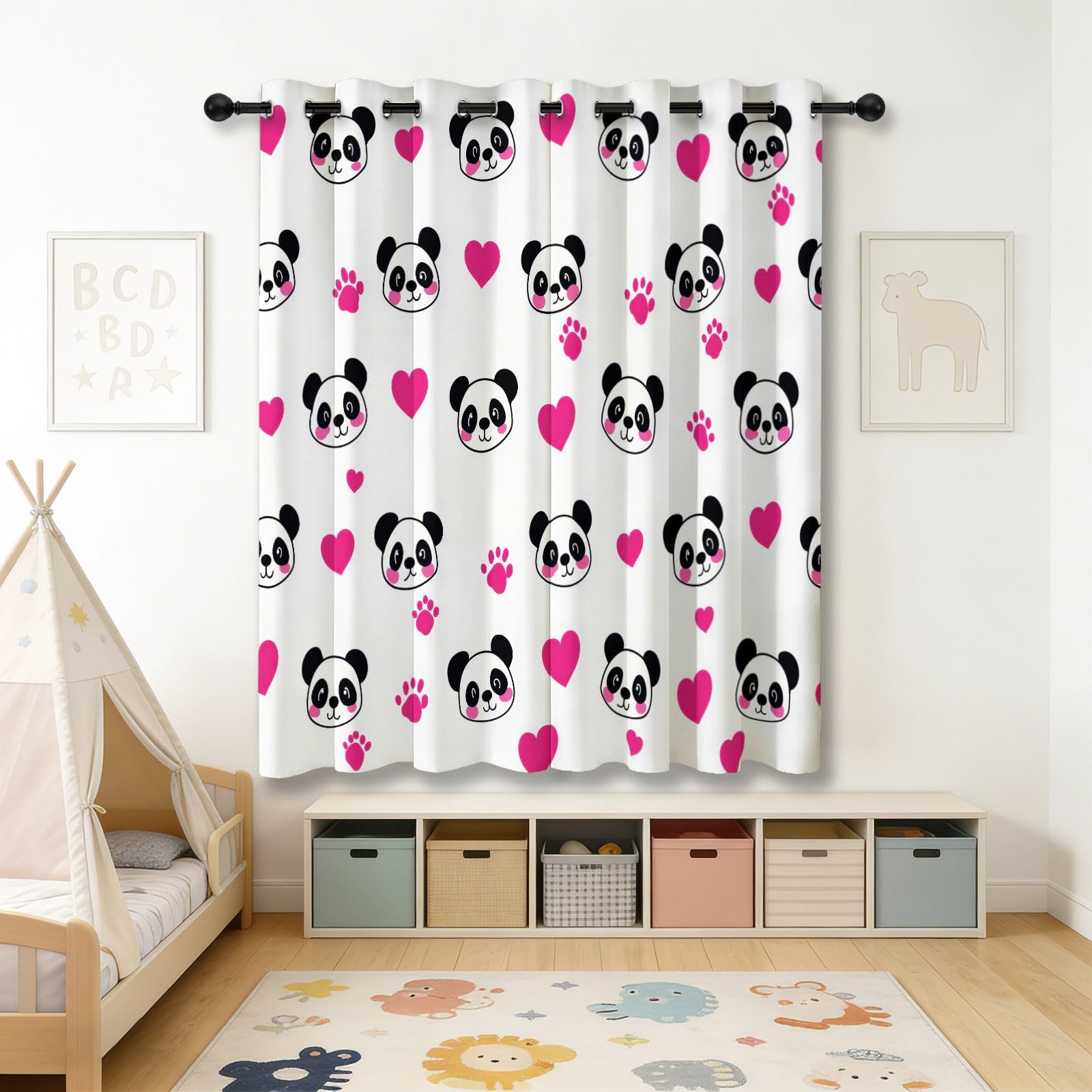 Generisch Cartoon Tier Verdunkelungsvorhänge mit Ösen, Panda Herz Pfotenabdruck Bedruckte Weiß Waschbarer Vorhänge, Privatsphäre Schützende Vorhang für Schlafzimmer Wohnzimmer, H215 x B110 cm