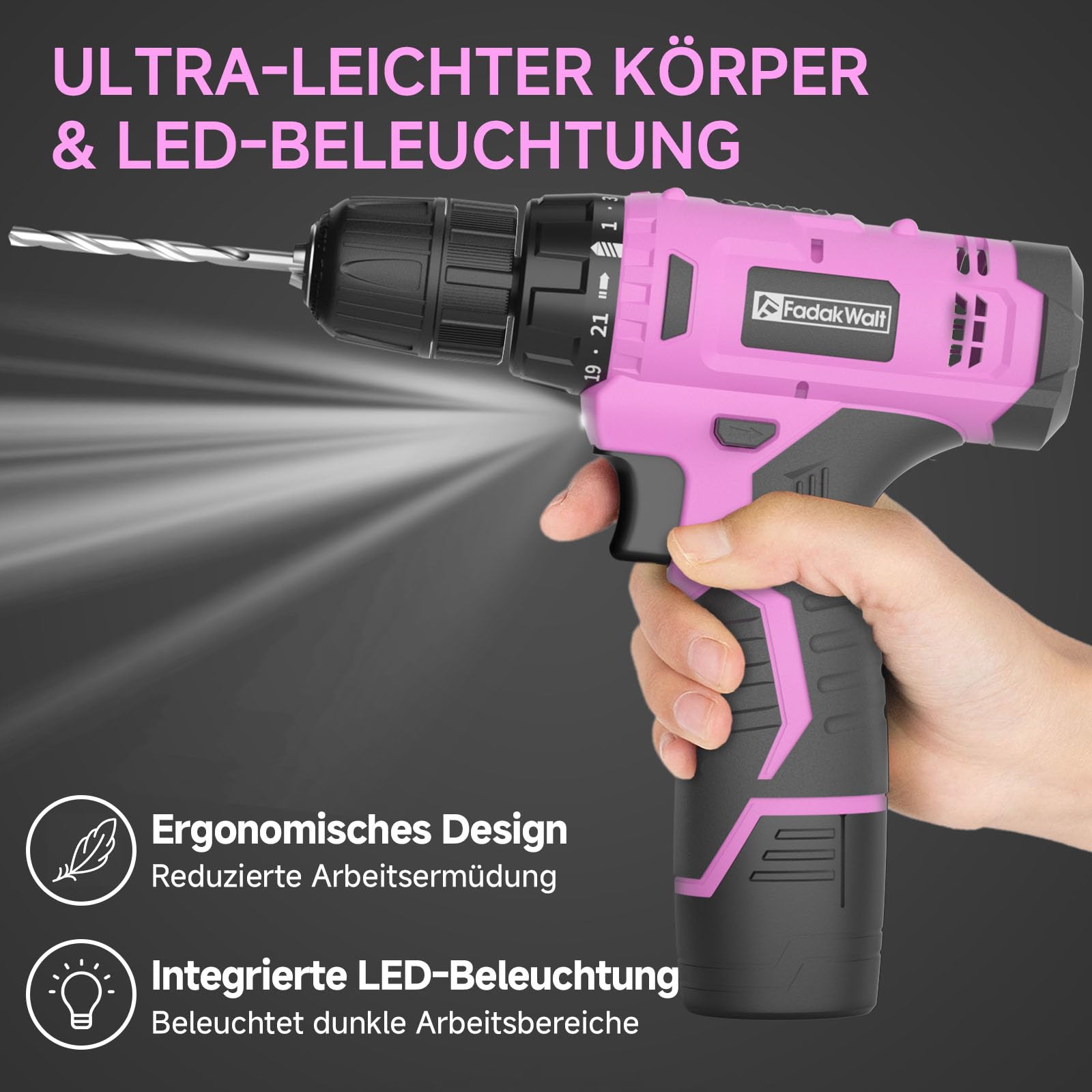 FADAKWALT Visseuse Devisseuse Sans Fil 12V, Perceuse Visseuse Sans Fil avec Batterie, 50 Pièces, 21+1 Réglages de Couple, 19 Nm, Lumières LED, Adaptée aux Travaux Domestiques, Rose