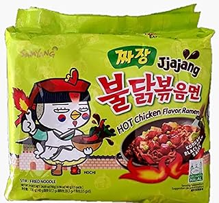 Samyang Green jjajang Hot Spicy Ramen 1 x 5 pack, Samyang Jjajang Hot Chicken Ramen 짜장 불닭 볶음면, multi, 4.94 ounce (pack of 5)
