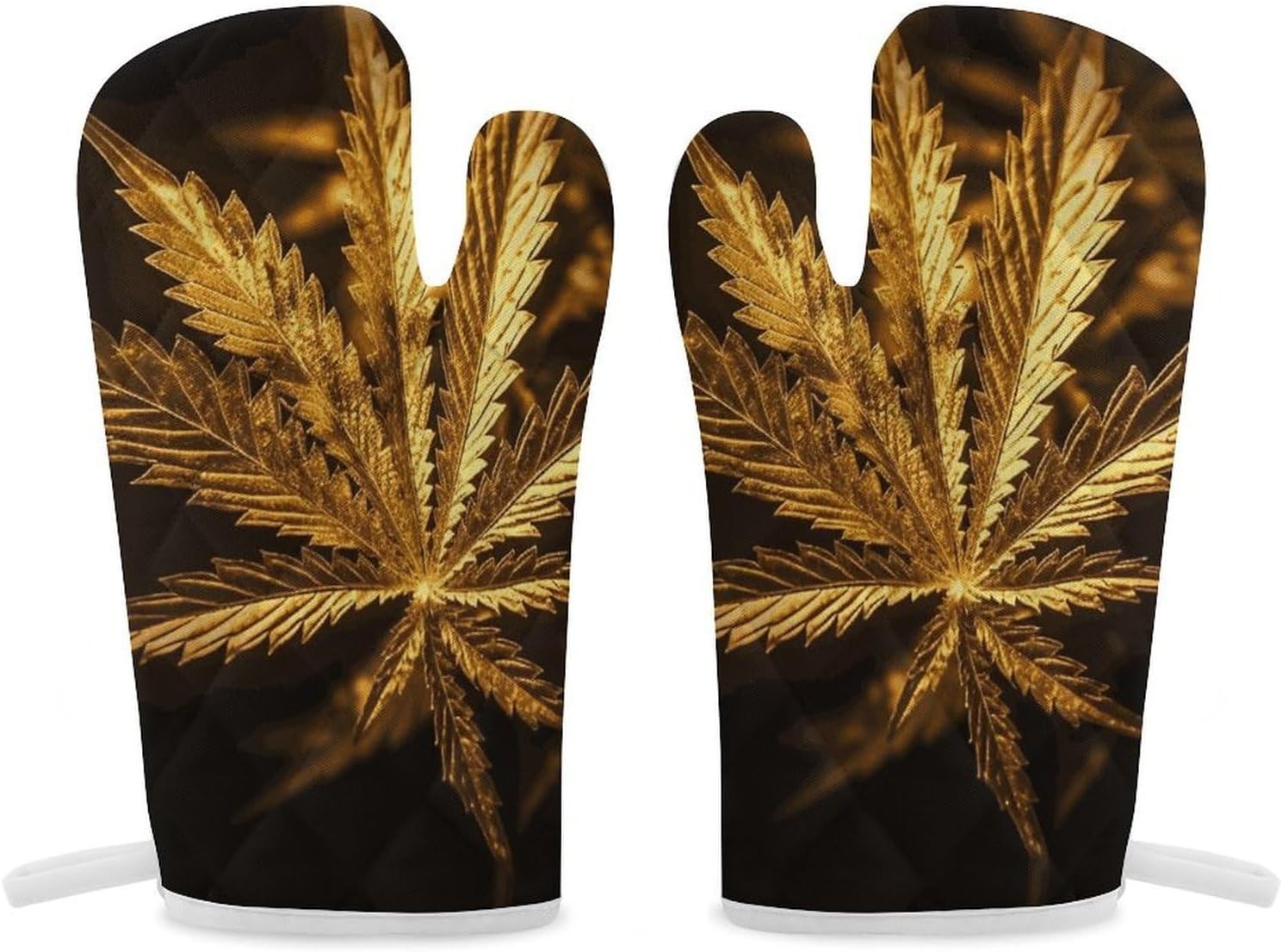 2 Pcs Oven Mitts Heat Resistant Kitchen Gloves Soft Safety Golden Cannabis Oven Glove for Microwave, Barbecue