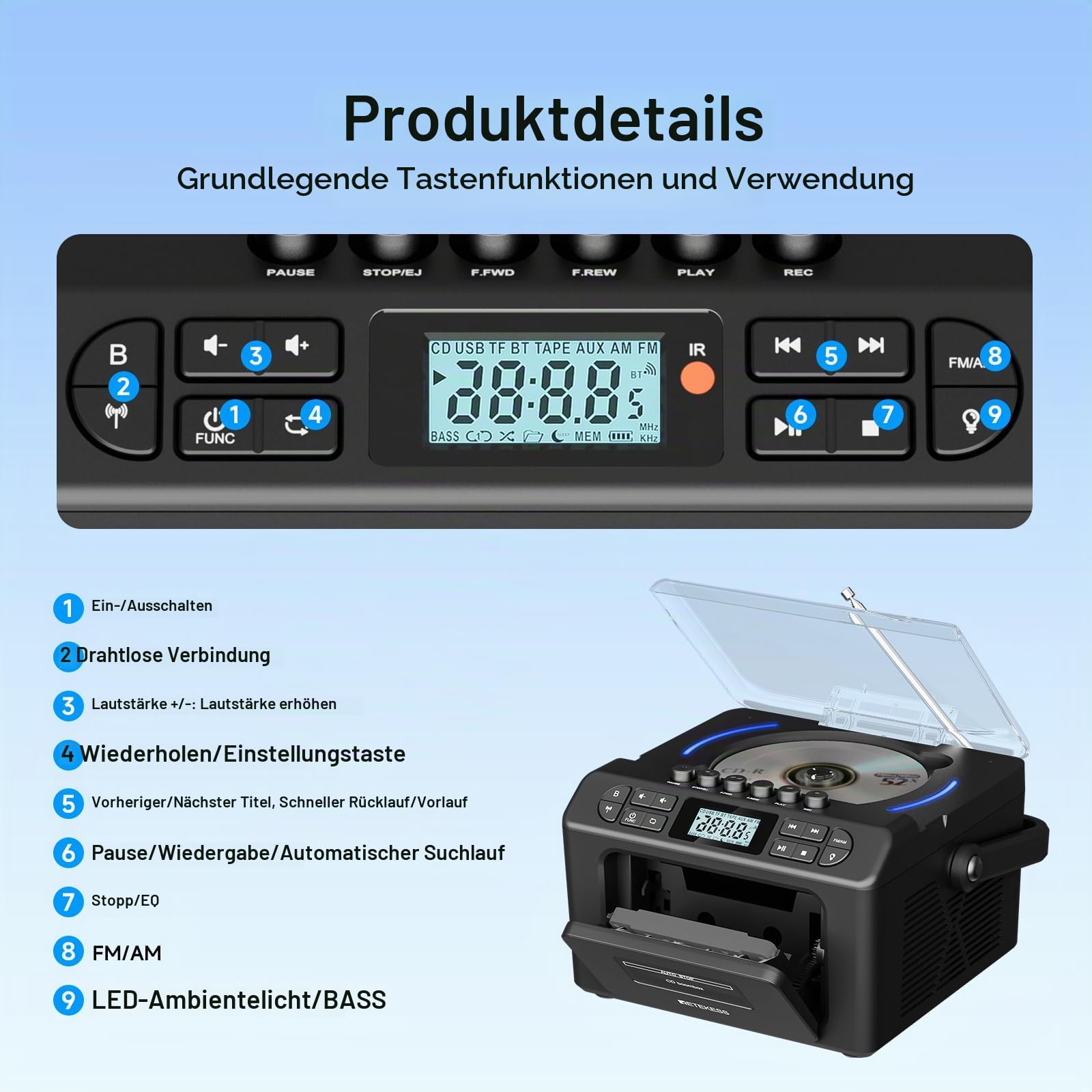 Retekess TR642 CD Player mit Kassette, Boombox Kassettenspieler