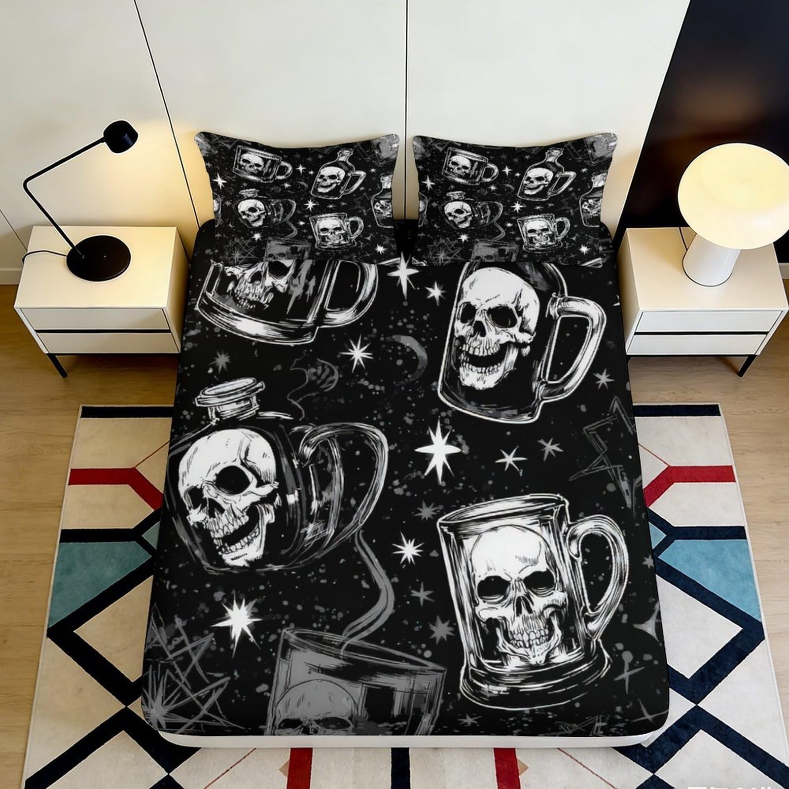 3D Printed Skull Star Fitted Sheet Microfiber Black Gothic Bed Cover for Bedroom Guest Room Mattress Protection 90x200x25cm