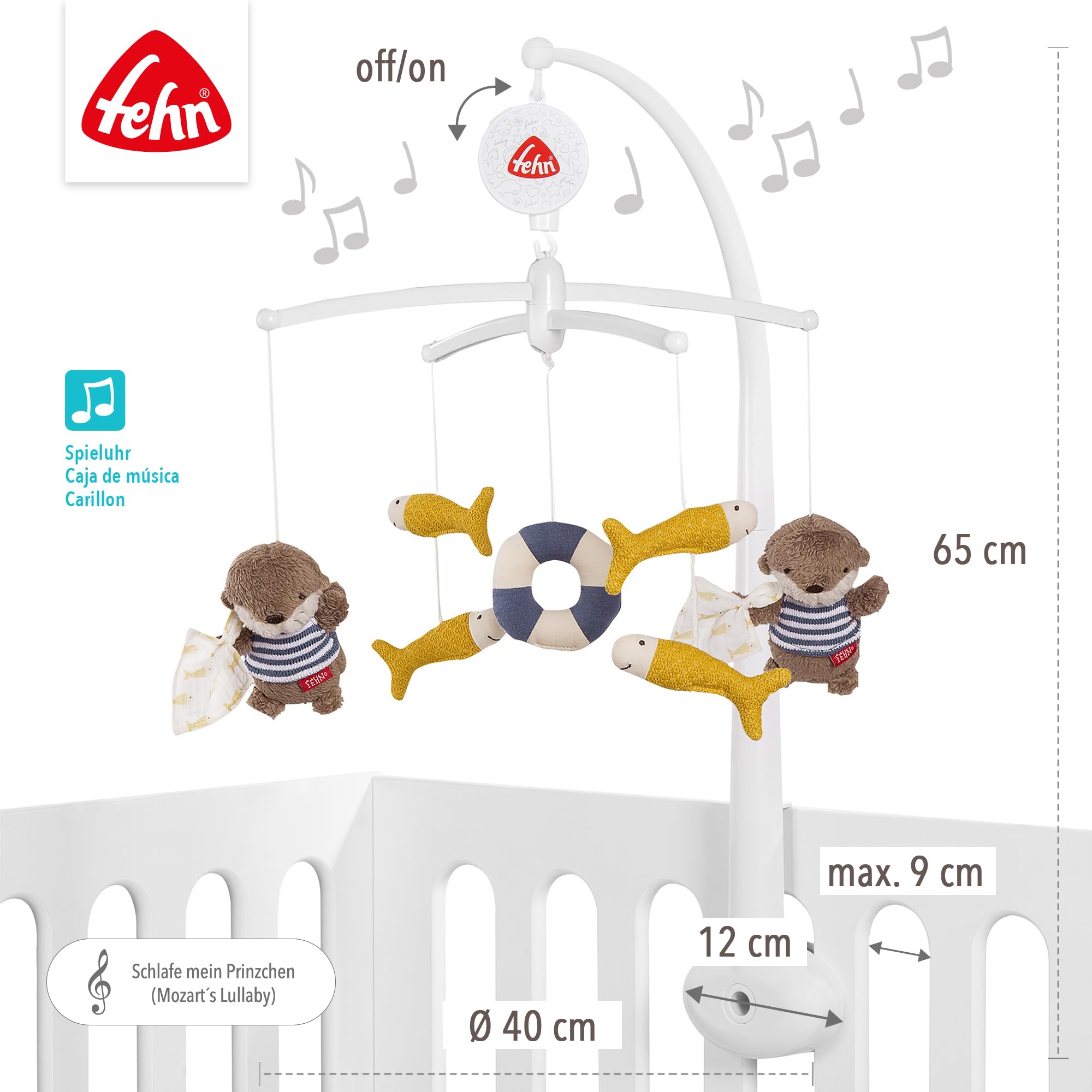 Fehn Musik-Mobile Otter – Aufzieh-Mobile mit Spieluhr-Melodie „Mozarts Wiegenlied“ und Figuren zur Beruhigung & Beschäftigung – Mit Bett-Befestigung für Babys von 0-5 Monaten