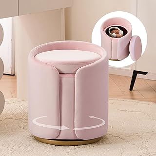 Vanity Chair with Storage, Round Velvet Vanity Stool No Wheels, Swivel O...