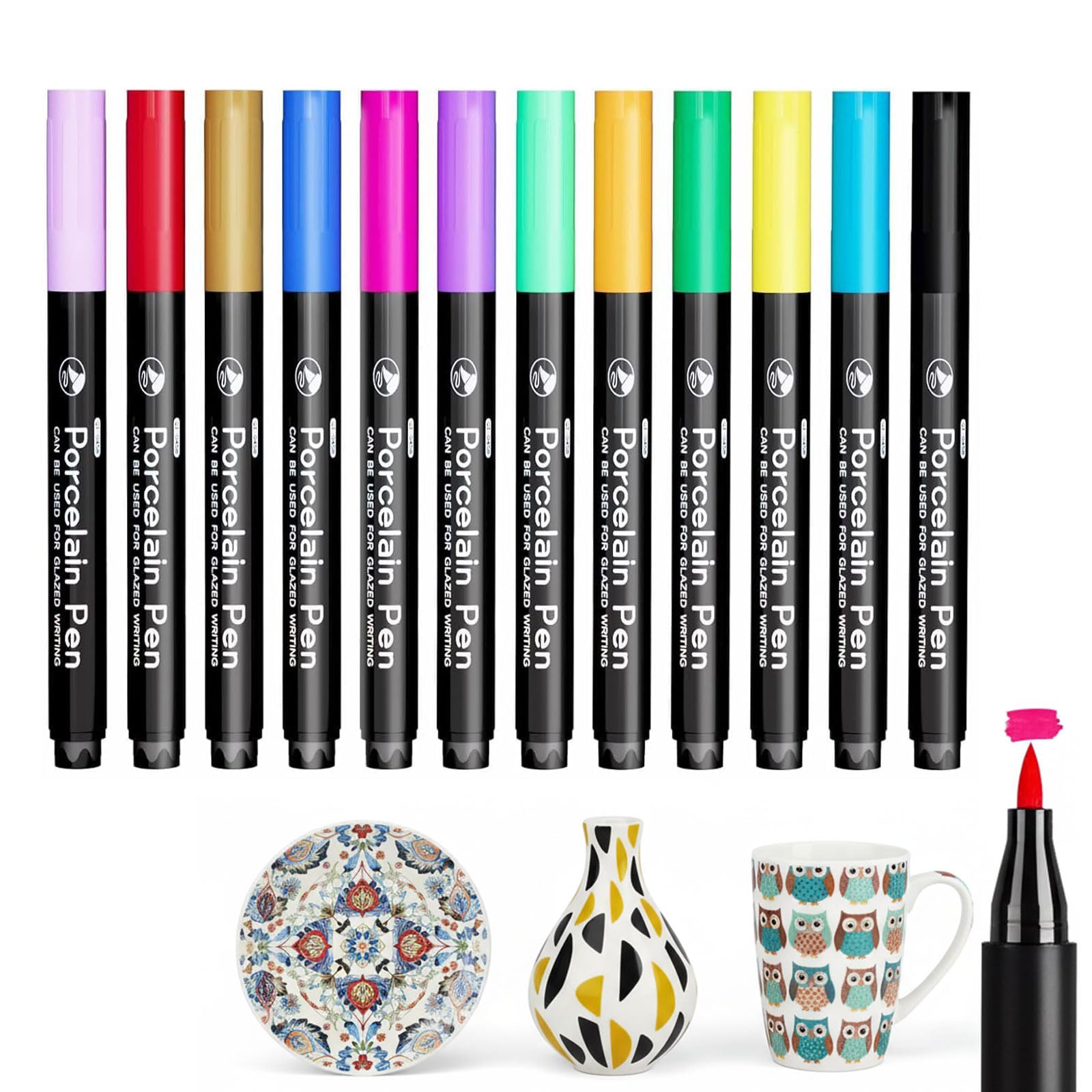 Hyleon 12-Color Porcelain Pens, Porcelain Paint Pens Set – Dishwasher Safe, Permanent & Waterproof for Glass, Stone & Ceramic Projects