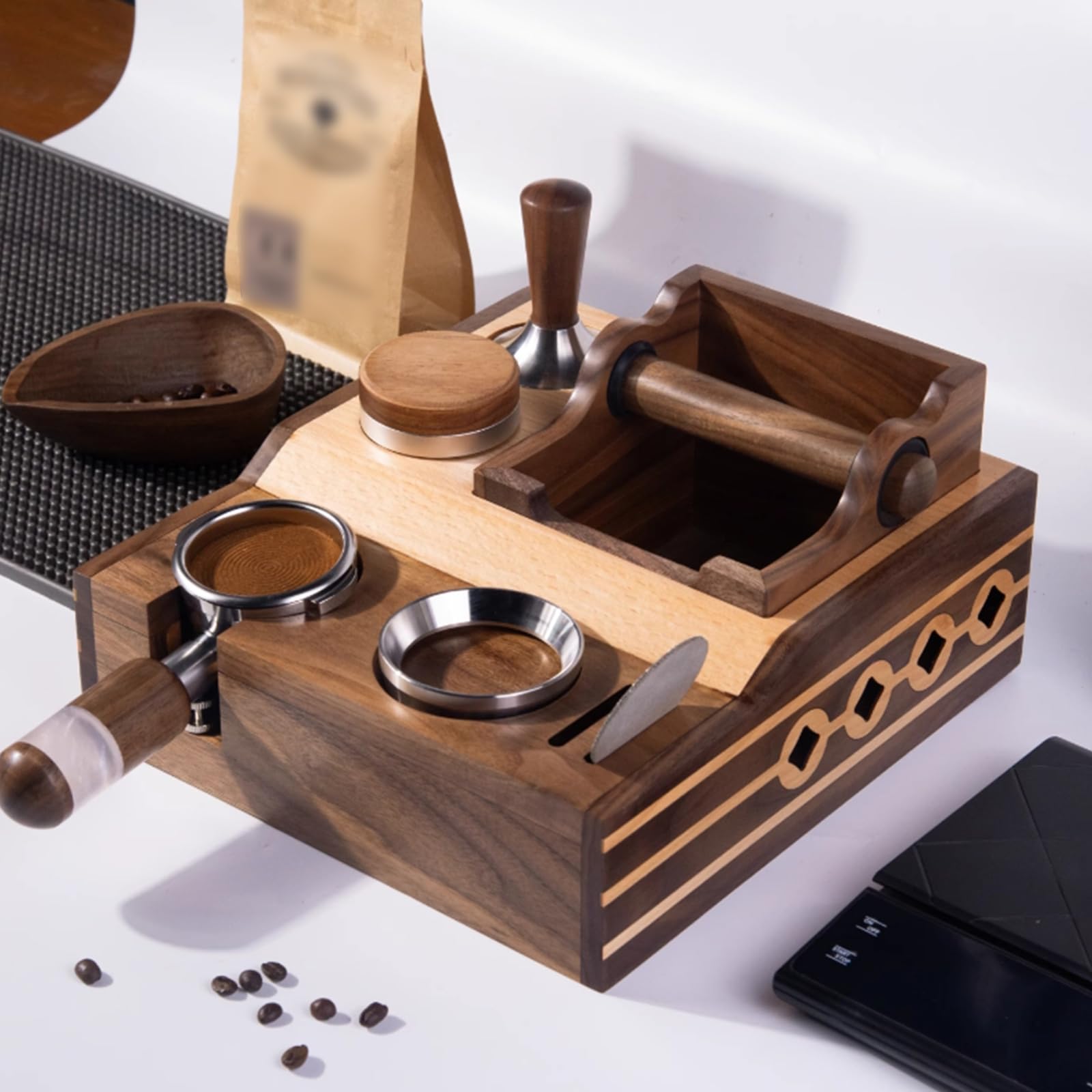 Espresso-Stopfstation, Holz-Kaffee-Organizer-Box mit Tamperhalter, Verteilerschlitz, Aufbewahrung für 51–58 mm Siebträger