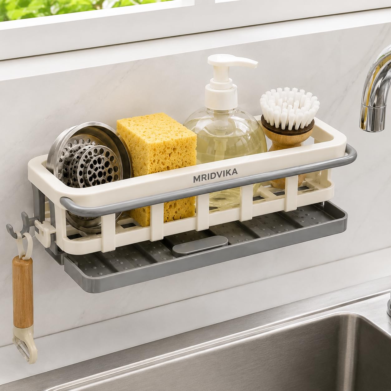 MRIDVIKA Two Tone Hanging Drain Rack | Retractable Storage Rack | Sponge Drain Tray | Kitchen/Bathroom Sink Tray with Drying Basket | Kitchen Storage Organizer