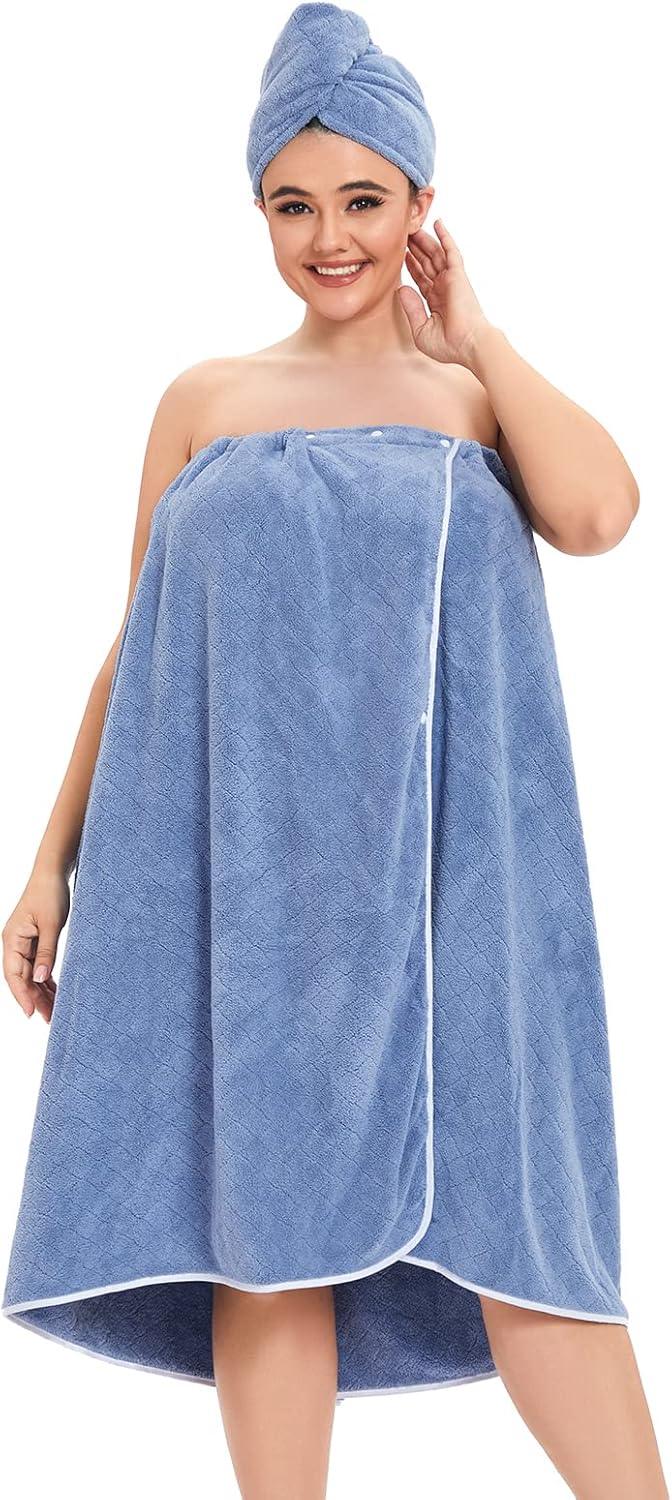 Towel Wrap for Women Plus Size (XXL-XXXXL) with Hair Towel Wrap, Microfiber Bath Wrap Soft & Comfortable Absorb Water Body Wrap Oversized Button Design