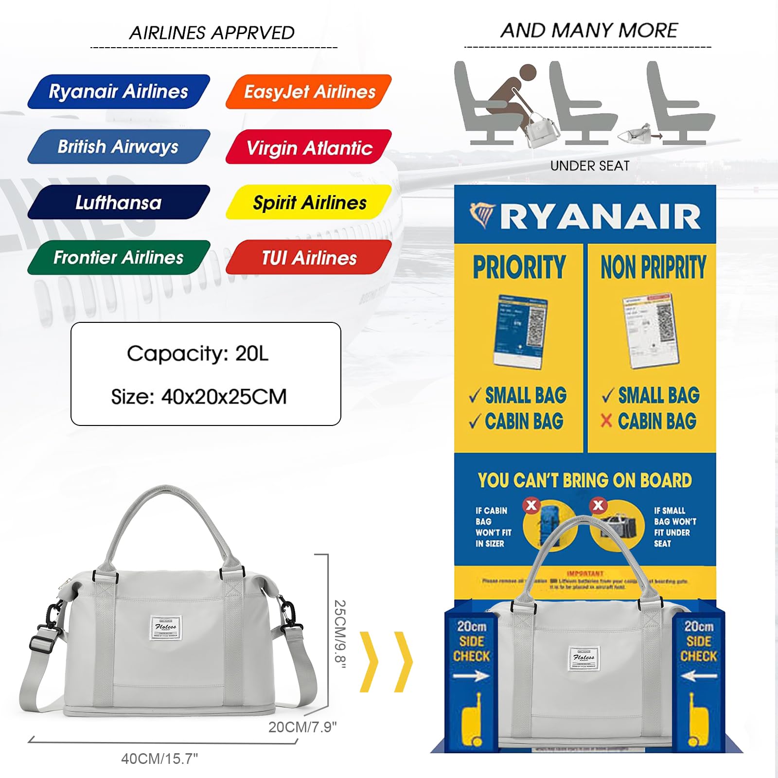 SEAFEW Bolsa de Viaje 40x20x25 para Ryanair,Impermeable Bolsa de Deporte para Gimnasio,Bolsa de Mano Equipaje de Fin de Semana 40x30x20 para Mujer,Bolso de Natación para Playa,D15-Gris Claro — view 2