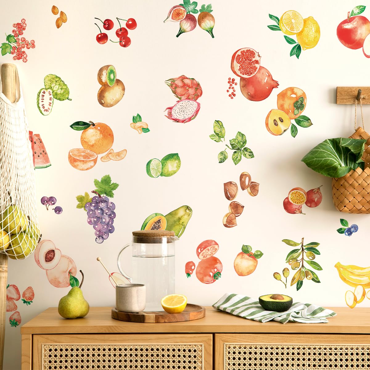 Lot de 2 feuilles d'autocollants étanches pour réfrigérateur - Autocollants décoratifs - Stickers de Fruits d'aquarelle Mural - Vinyle - Art mural - Décoration d'intérieur