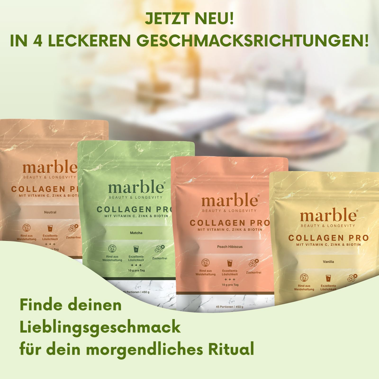 marble Collagene Polvere PRO 450 g – Collagene Polvere più Vitamina C, Zinco & Biotina – Collagene Peptide Skin Glow – 60 giorni senza rischi – Da salice con perfetta solubilità – Matcha