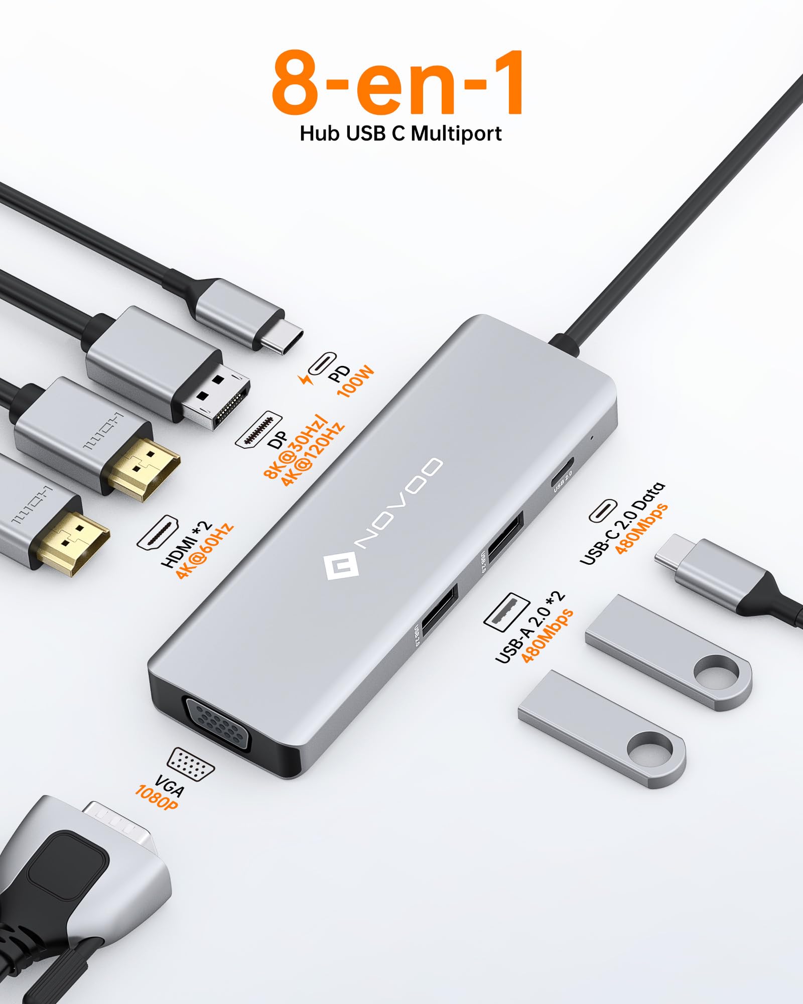 NOVOO Stacja dokująca USB C, 8 w 1 hub USB C do podwójnego HDMI, Displayport 4K@120 Hz, VGA, USB C 3.1, USB A 3.1, PD 100 W, poczwórne stacje dokujące wyświetlacz do MacBook HP Lenovo Dell