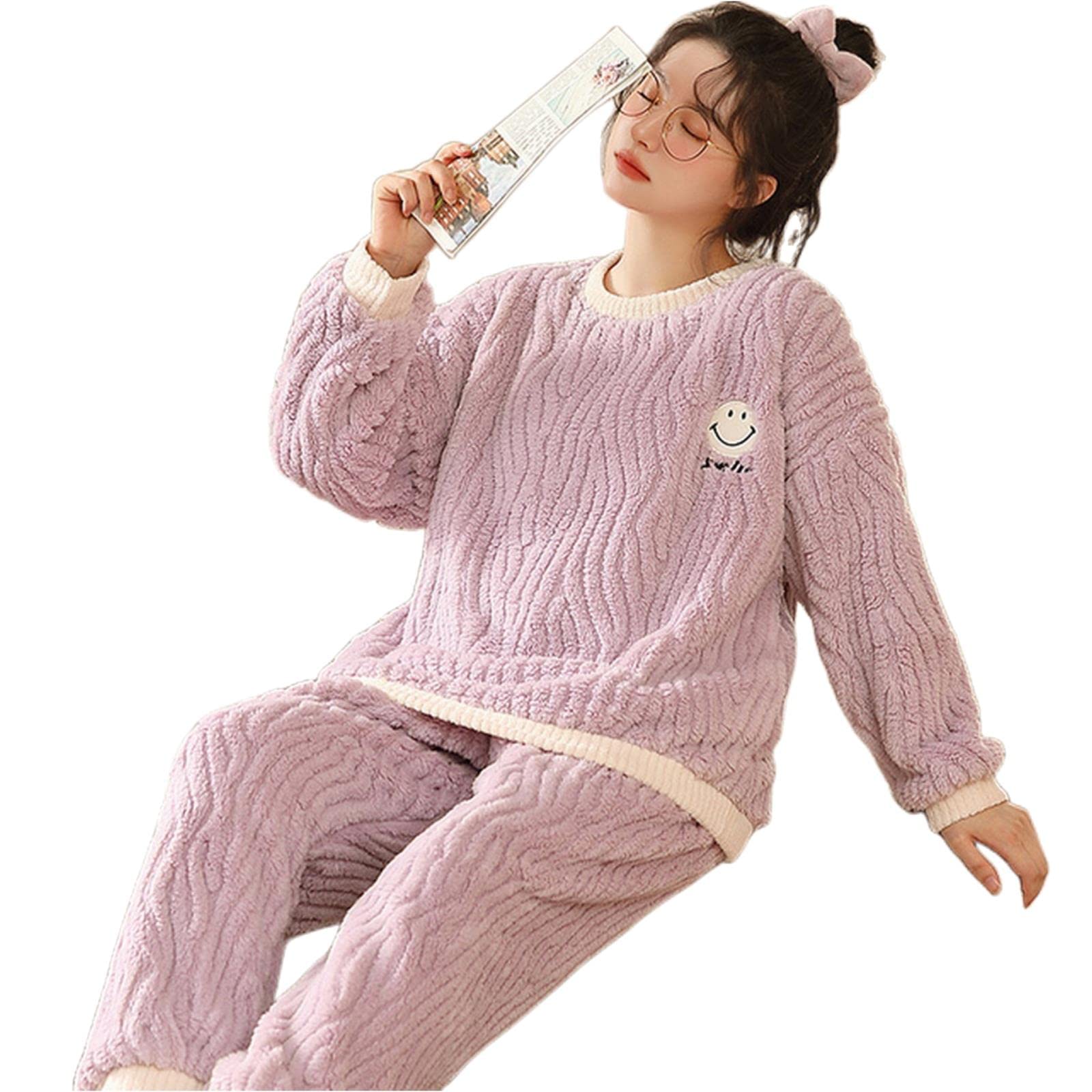 TOBILE Pijama de franela de invierno para mujer, conjunto de pijama de felpa jacquard cálido, grueso, ropa para el hogar, pantalones de dos piezas, pijama 9908, XL