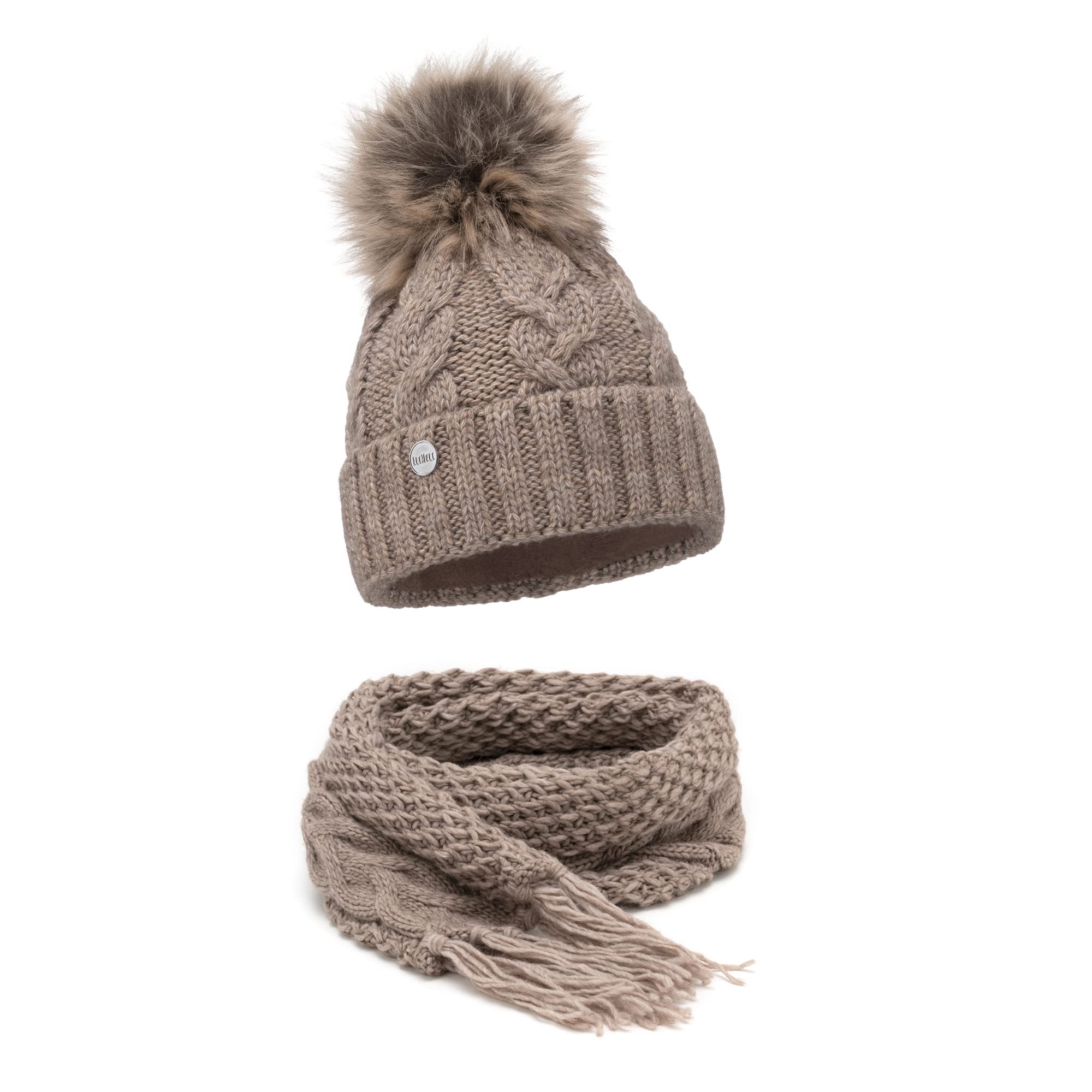 ELIMELI® Winter Hat Women's Hat with Fur Bobble Fleece Lining Warm Women's Bobble Hat Knitted Hat Winter Hat with Faux Fur Bobble Slouch Knitted Beanie Made in EU, Cappucino Hat with Scarf,