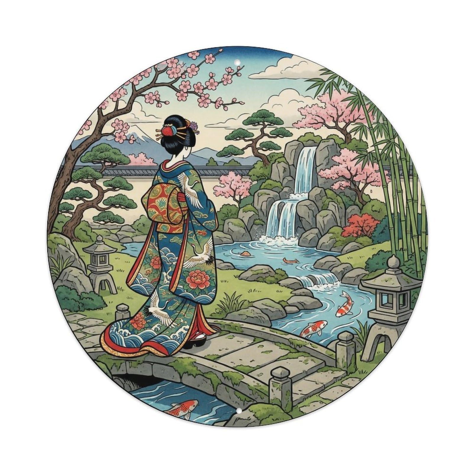 Japanese Garden Waterfall Geisha Viewing Metal Tin Sign