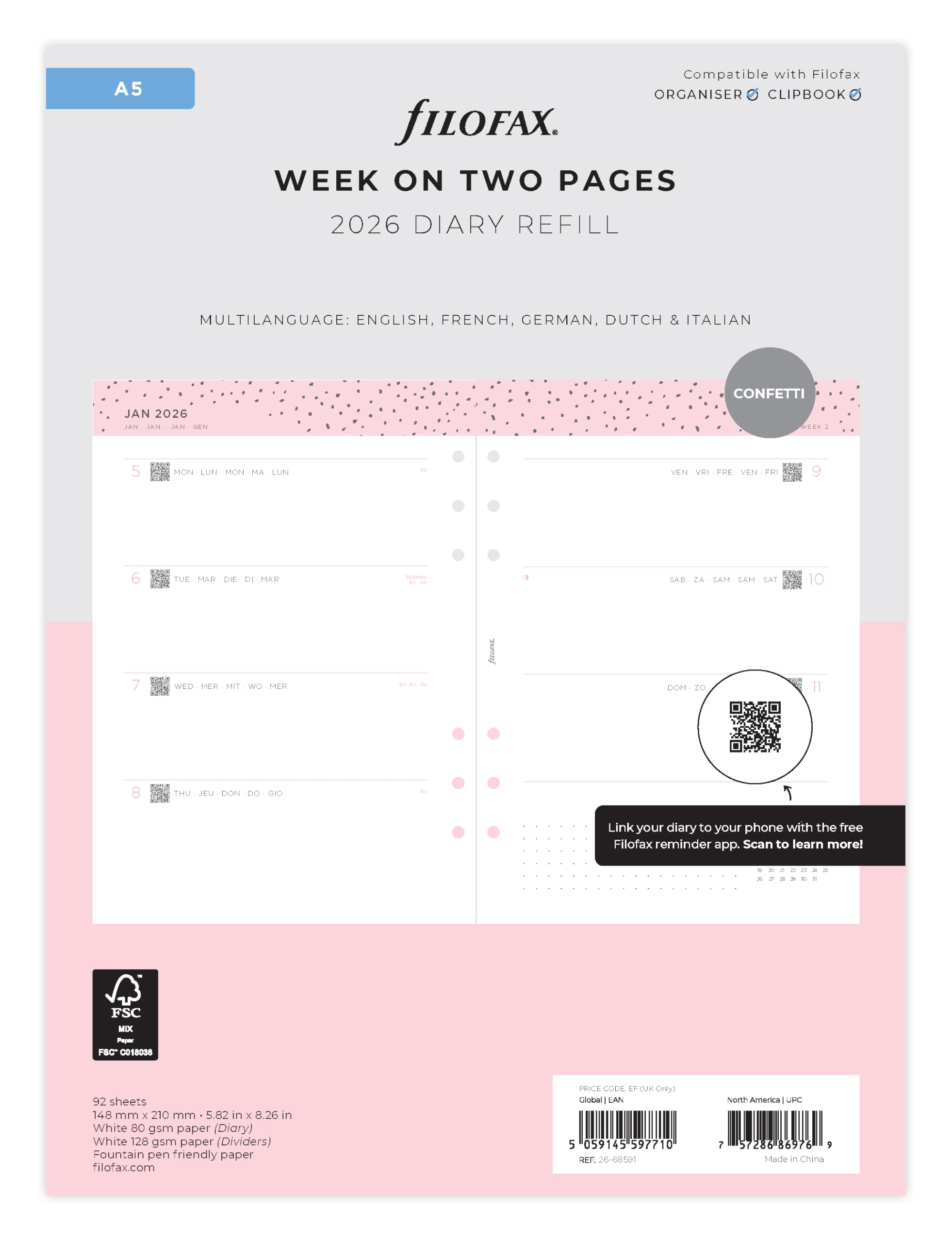 Filofax A5 Confetti week to view 5 language 2026 diary 26-68591