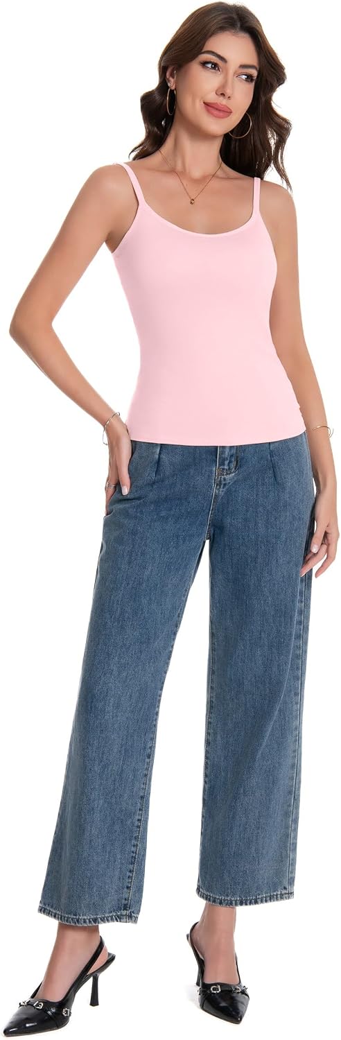 Women Camisole Tank Top - Built-in Bra Adjustable Spaghetti Strap Scoop Neck Padded Casual Basic Cami Shirt