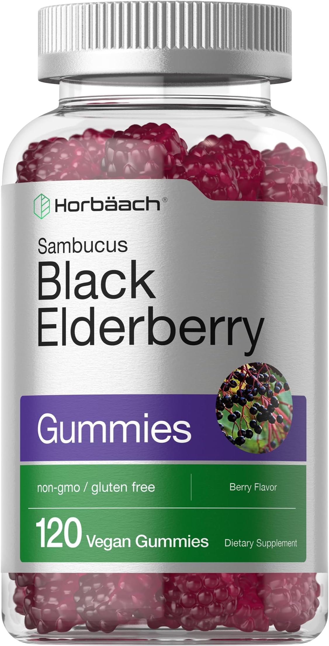 Horbäach Sambucus Black Elderberry Gummies | 120 Count | with Zinc and Vitamin C | Vegan, Non-GMO, Gluten Free Extract for Adults | Natural Berry Flavor | by
