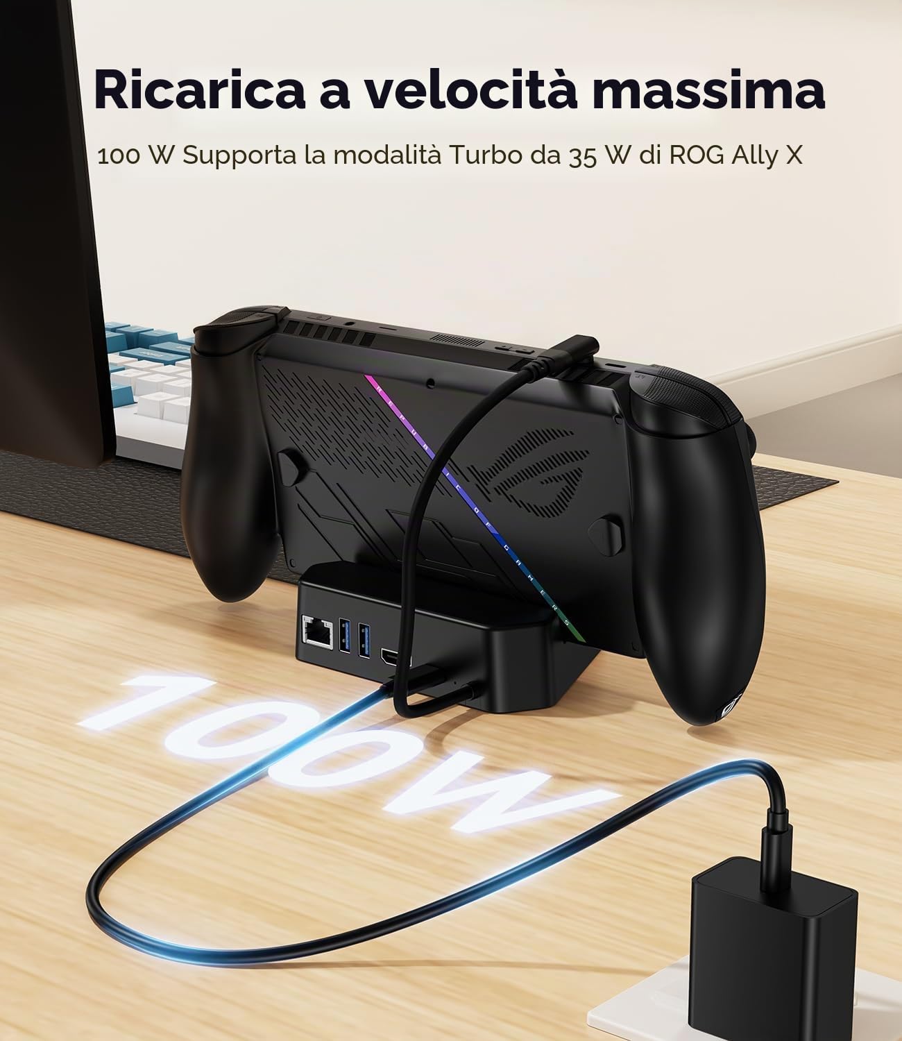 SiWiQU 5-in-1 Docking Station per ROG per Xbox Ally / Ally X (2025) Solo, TV Dock Portatile Caricatore con 4K@144Hz 2.1/ Ethernet Gigabit/2×USB 3.0/100W ricarica/Spia luminosa/USB-C integrato Cavo