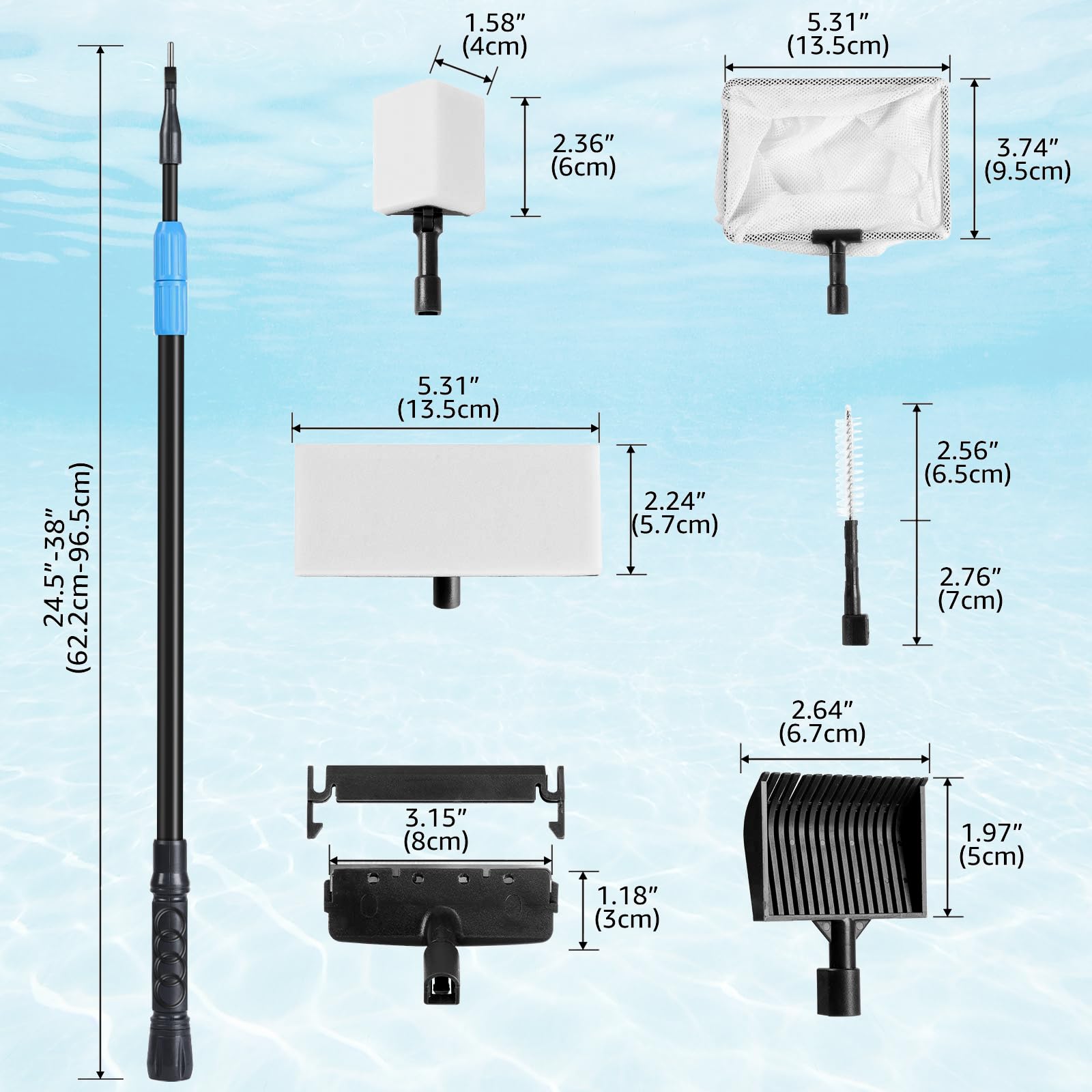 AquaMiracle Kit 6 in 1 multifunzione per la pulizia dell'acquario con manico telescopico in fibra di carbonio, raschietto per alghe, dischetti per la pulizia, pulizia del tubo, rete per pesci e ghiaia