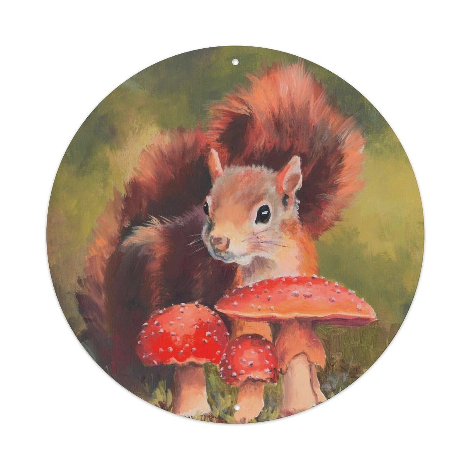 Animal Artwork Poster Squirrel Eating Mushrooms Vintage Metal Tin Sign Plaque Wall Decor for Cafe, Club, Garden Round Metal Poster 8x8Inch