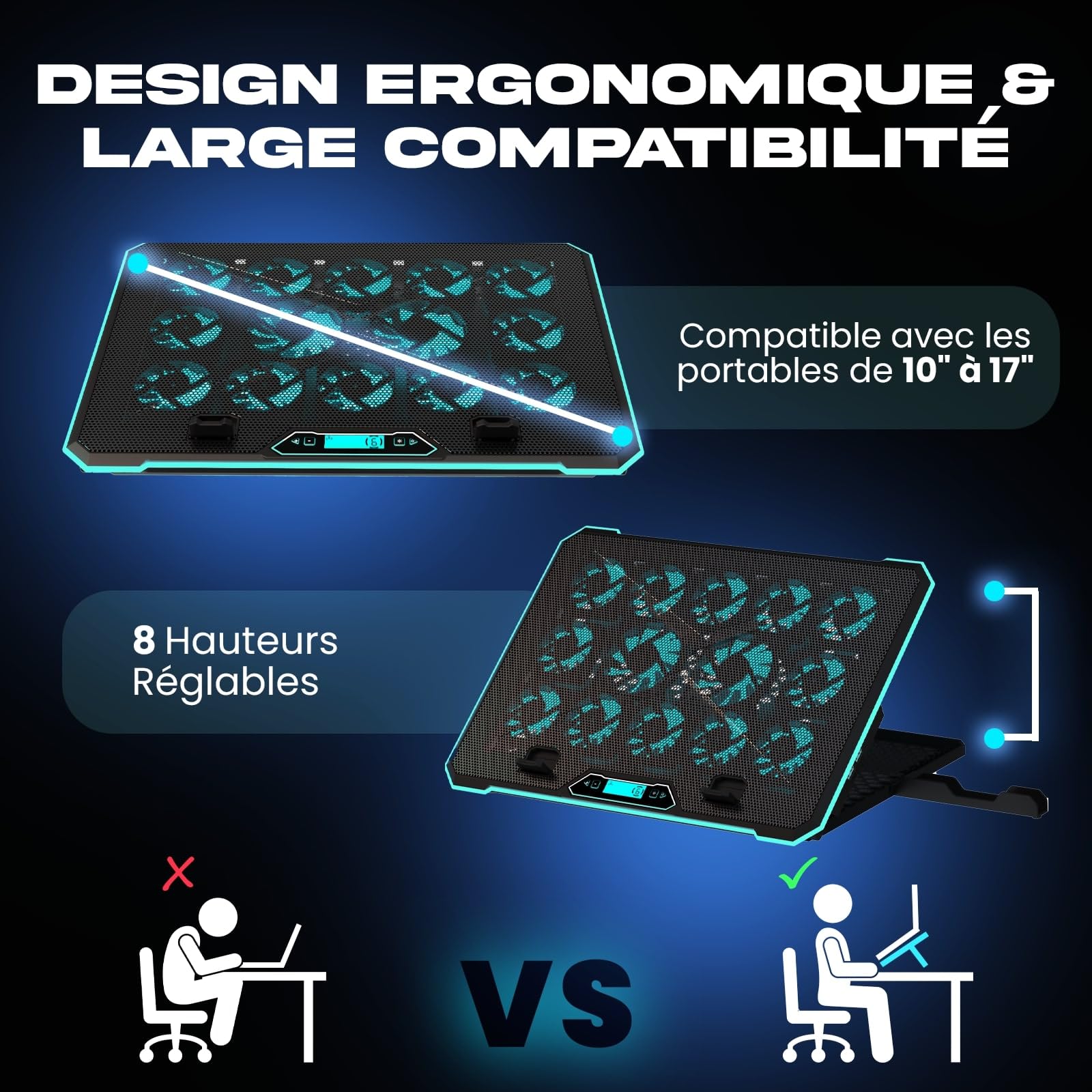 KLIM V14 Refroidisseur PC - Nouveauté - 14 Ventilateurs & Rétroéclairage RGB + Support PC Ventilé de 11" à 17" + 2 Ports USB + 5 Ans de Garantie