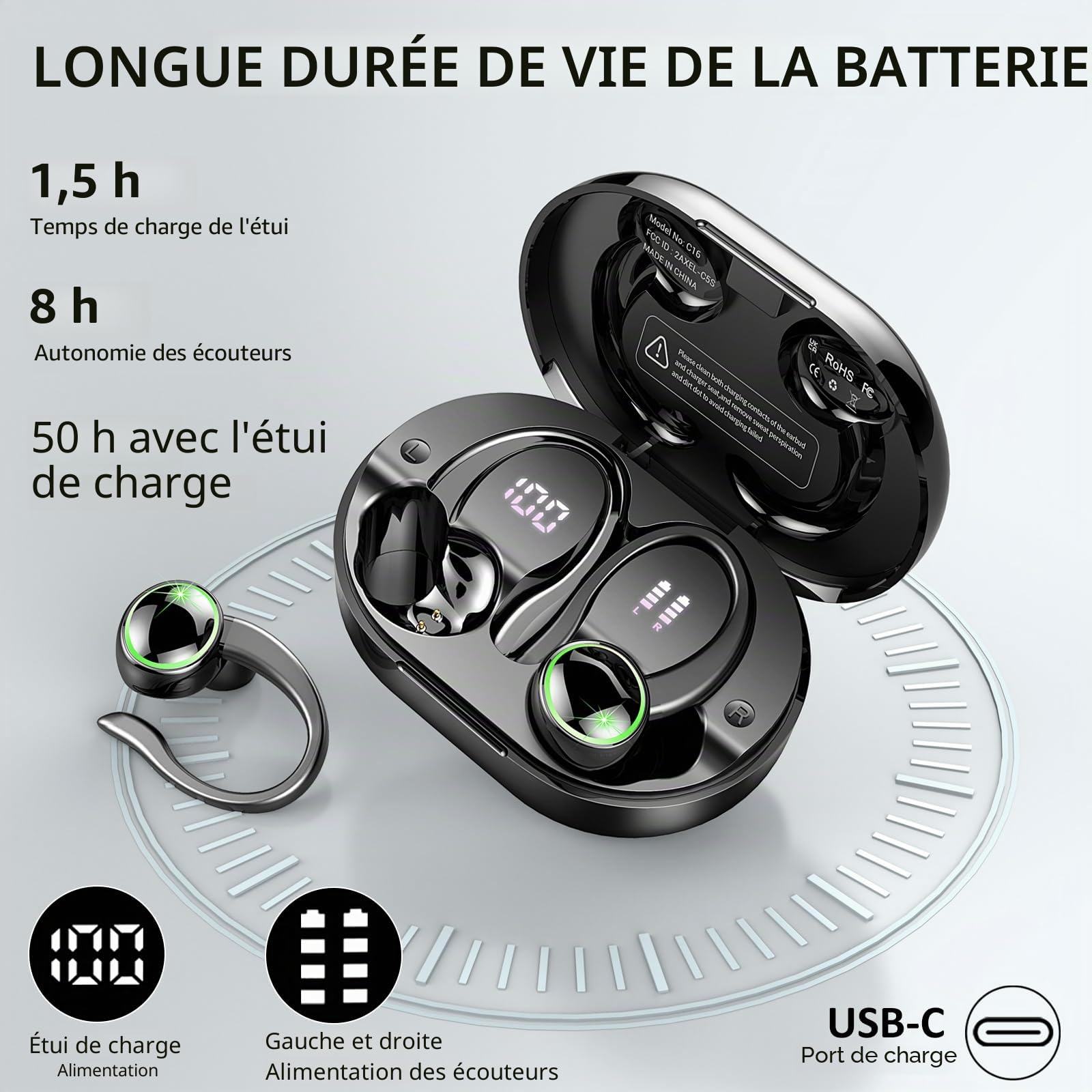 Ecouteurs Bluetooth sans Fil Sport, 2026 Écouteur Bluetooth 5.4 avec HiFi Stéréo, 50H Écouteur Bluetooth 4 ENC Réduction Bruit Mic, IP7 Étanche Oreillette Bluetooth, Écran LED Casque pour Running