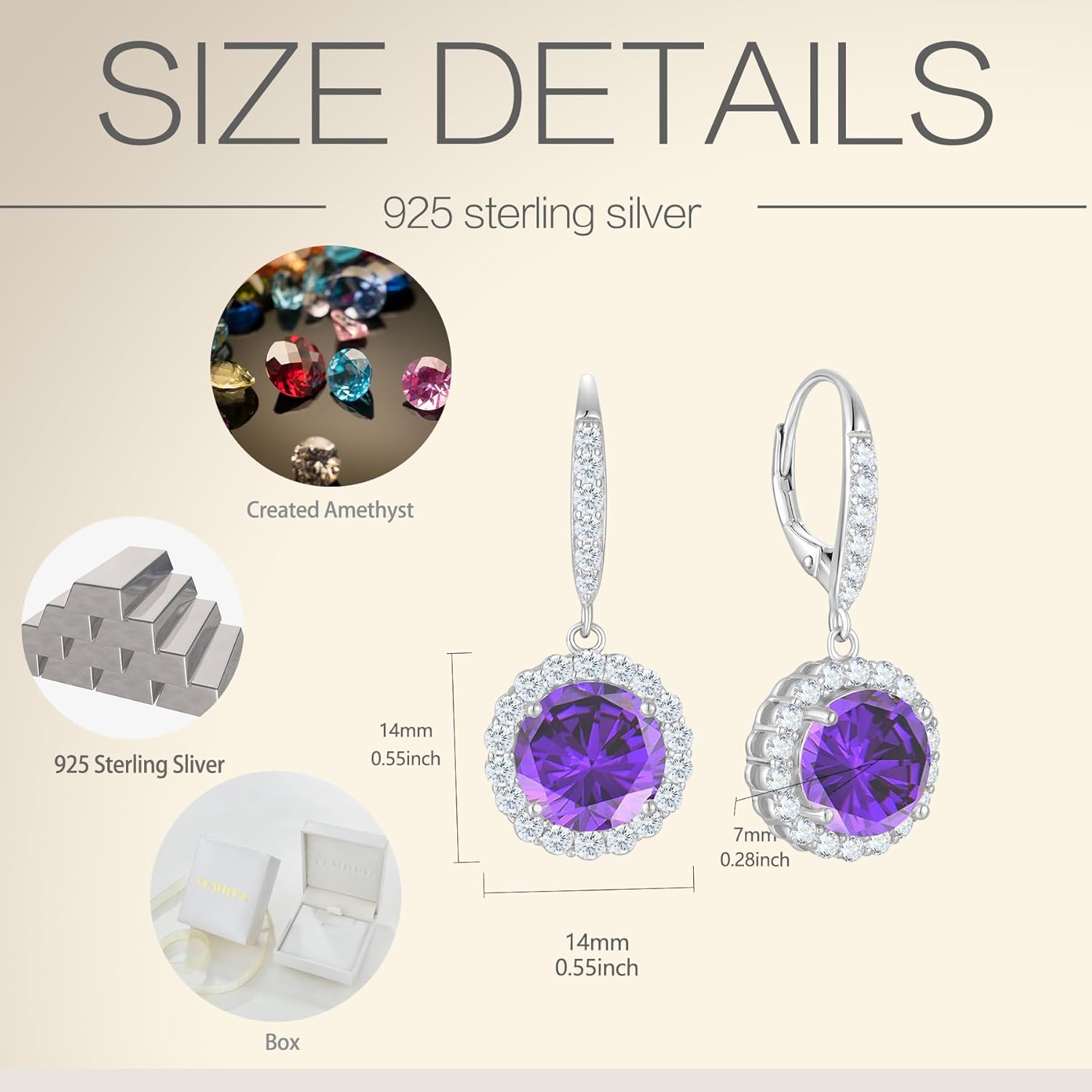 Round Halo Dangle Earrings for Women Sterling Silver Leverback Drop Earrings Birthstone Jewelry
